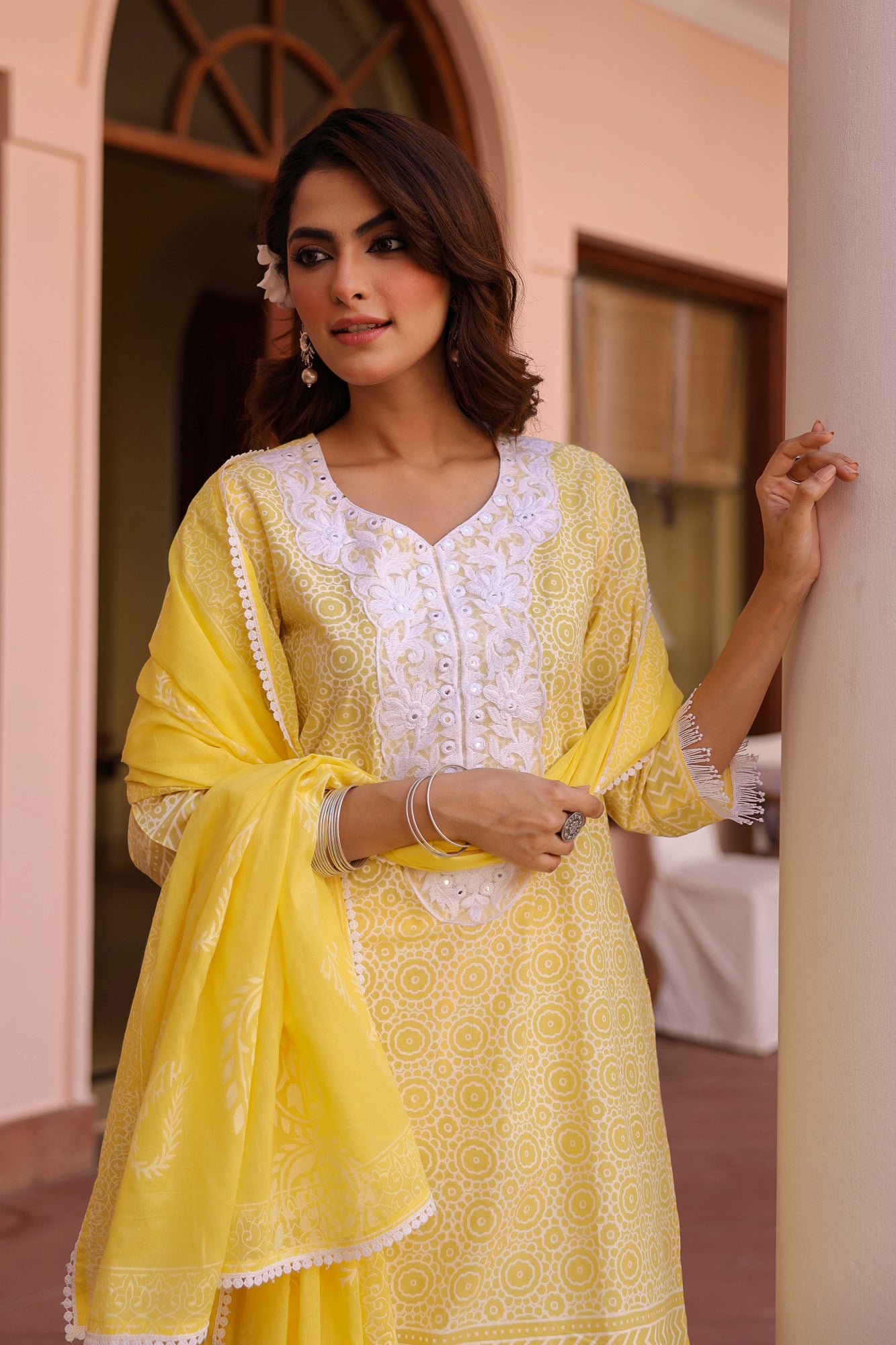 Yellow Cotton Cambric Khari Printed Sharara Set