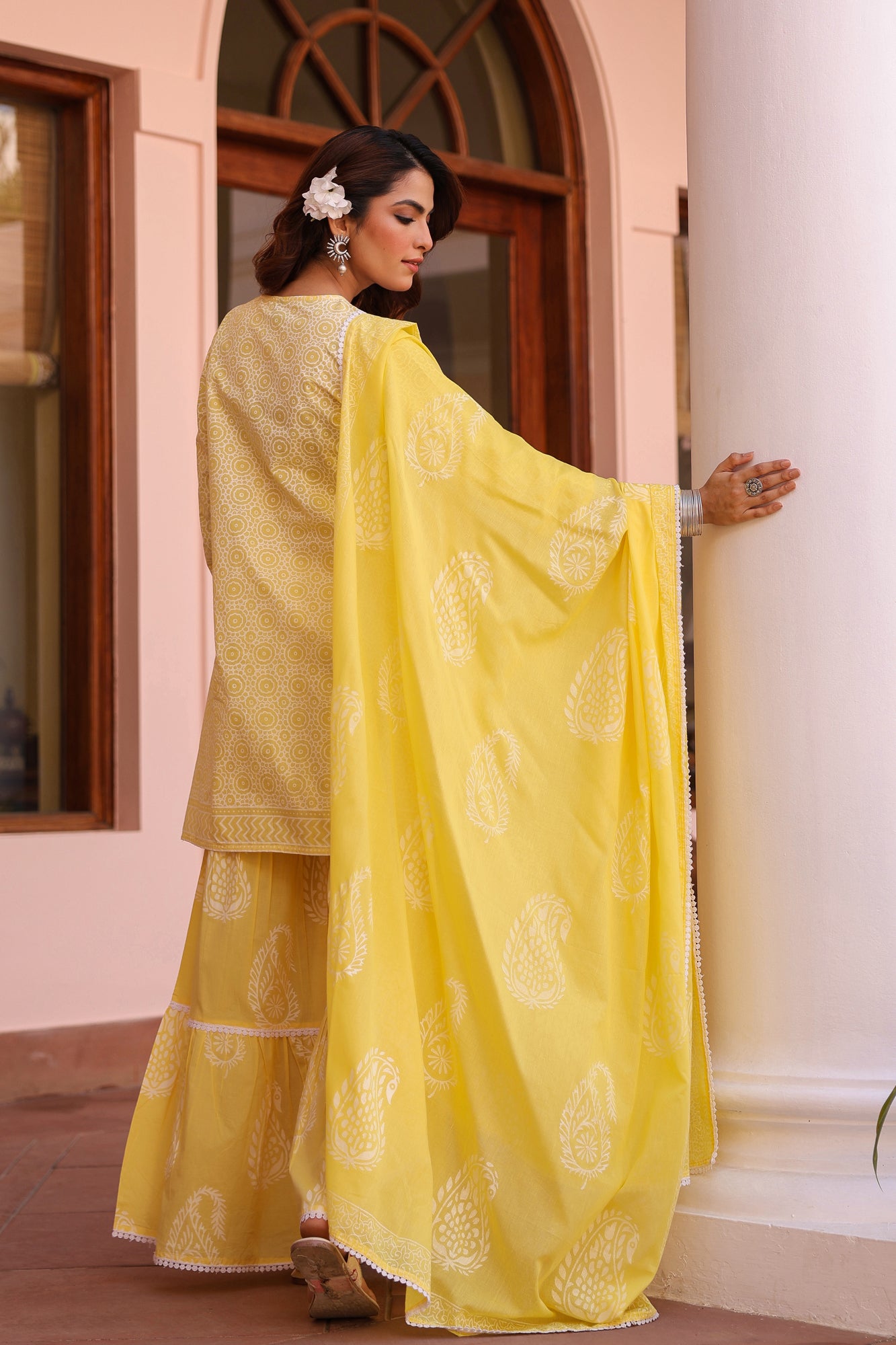 Yellow Cotton Cambric Khari Printed Sharara Set
