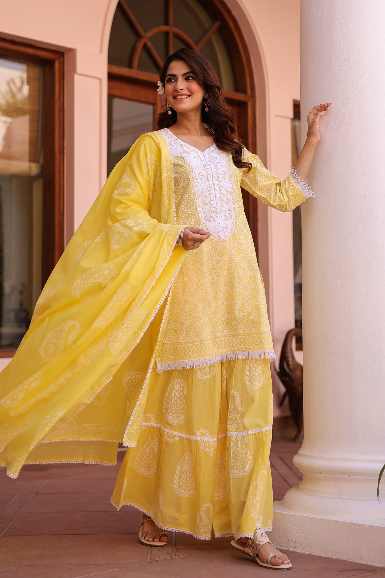 Yellow Cotton Cambric Khari Printed Sharara Set