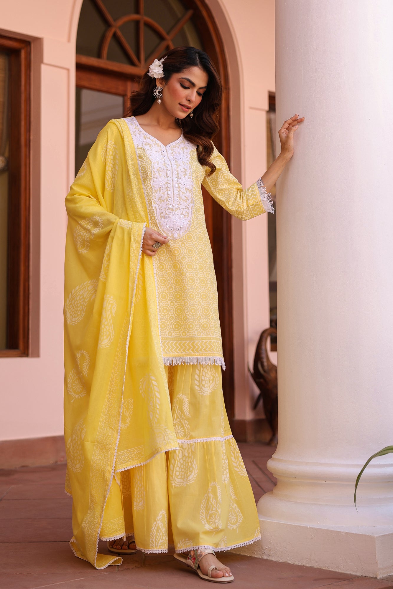 Yellow Cotton Cambric Khari Printed Sharara Set