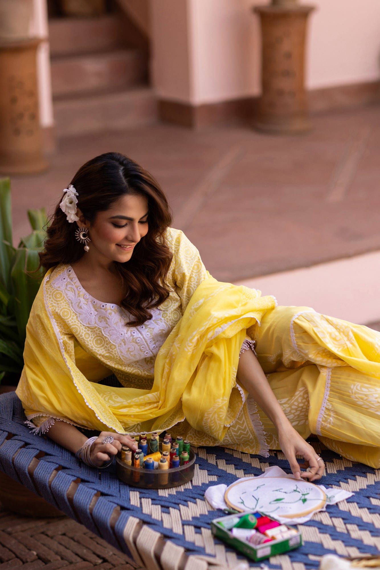 Yellow Cotton Cambric Khari Printed Sharara Set