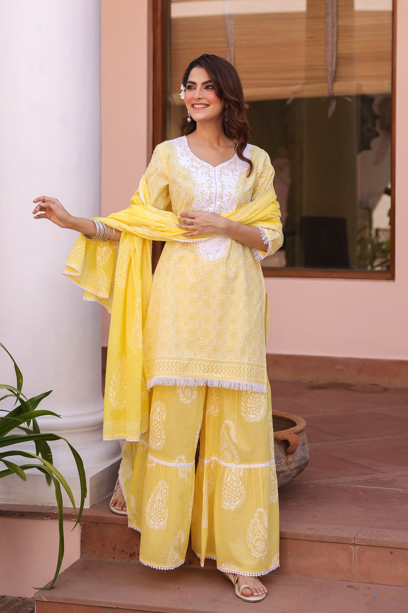 Yellow Cotton Cambric Khari Printed Sharara Set