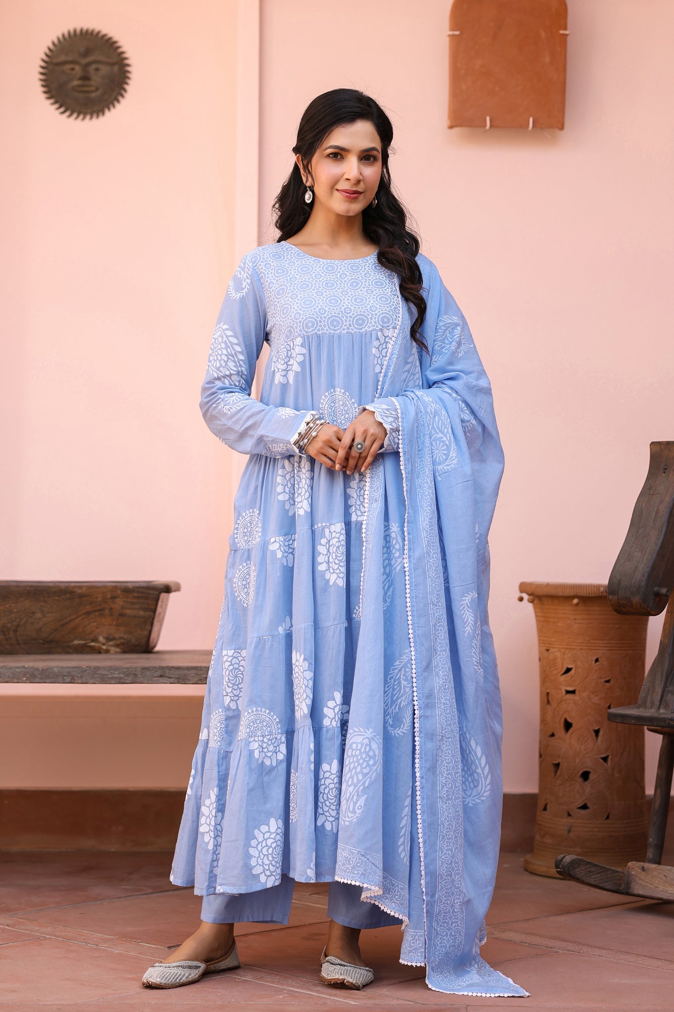 Blue Cotton Mulmul Khari Printed Tiered Anarkali Set