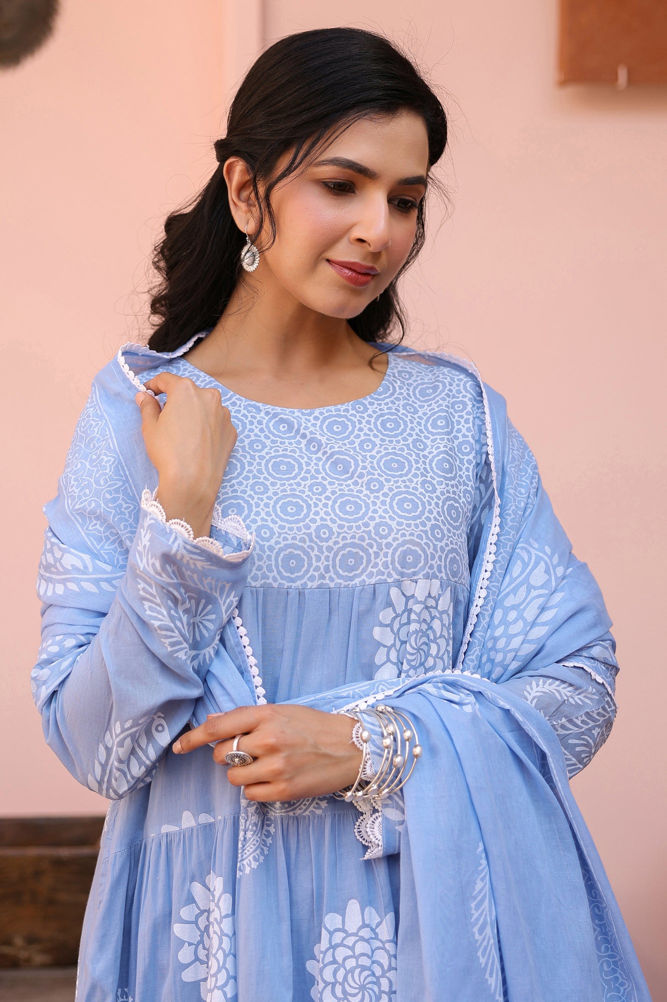 Blue Cotton Mulmul Khari Printed Tiered Anarkali Set