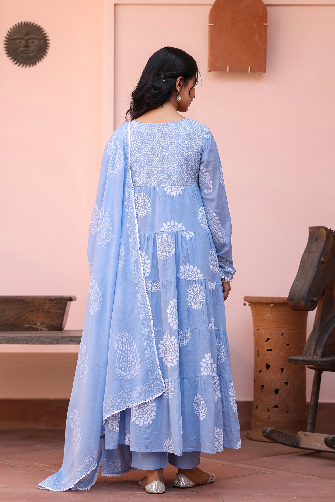 Blue Cotton Mulmul Khari Printed Tiered Anarkali Set