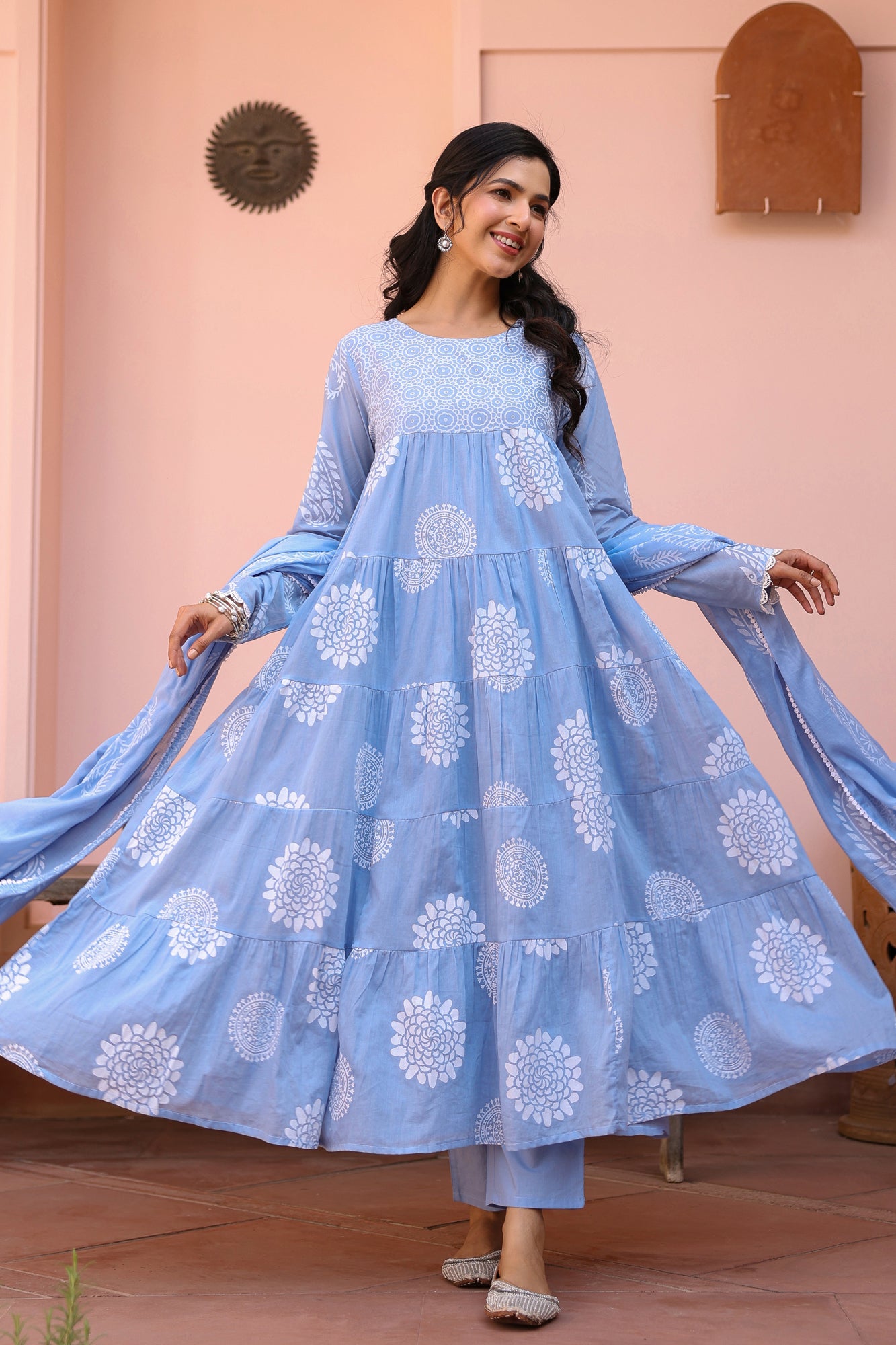 Blue Cotton Mulmul Khari Printed Tiered Anarkali Set