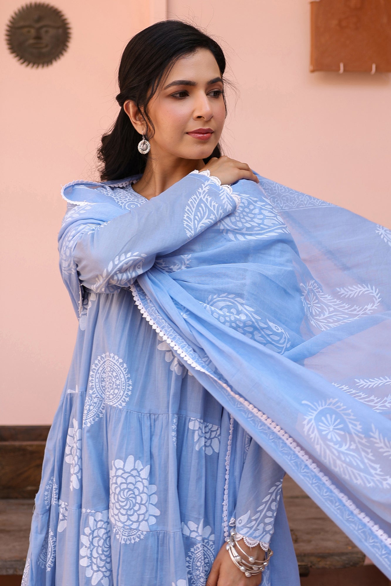 Blue Cotton Mulmul Khari Printed Tiered Anarkali Set