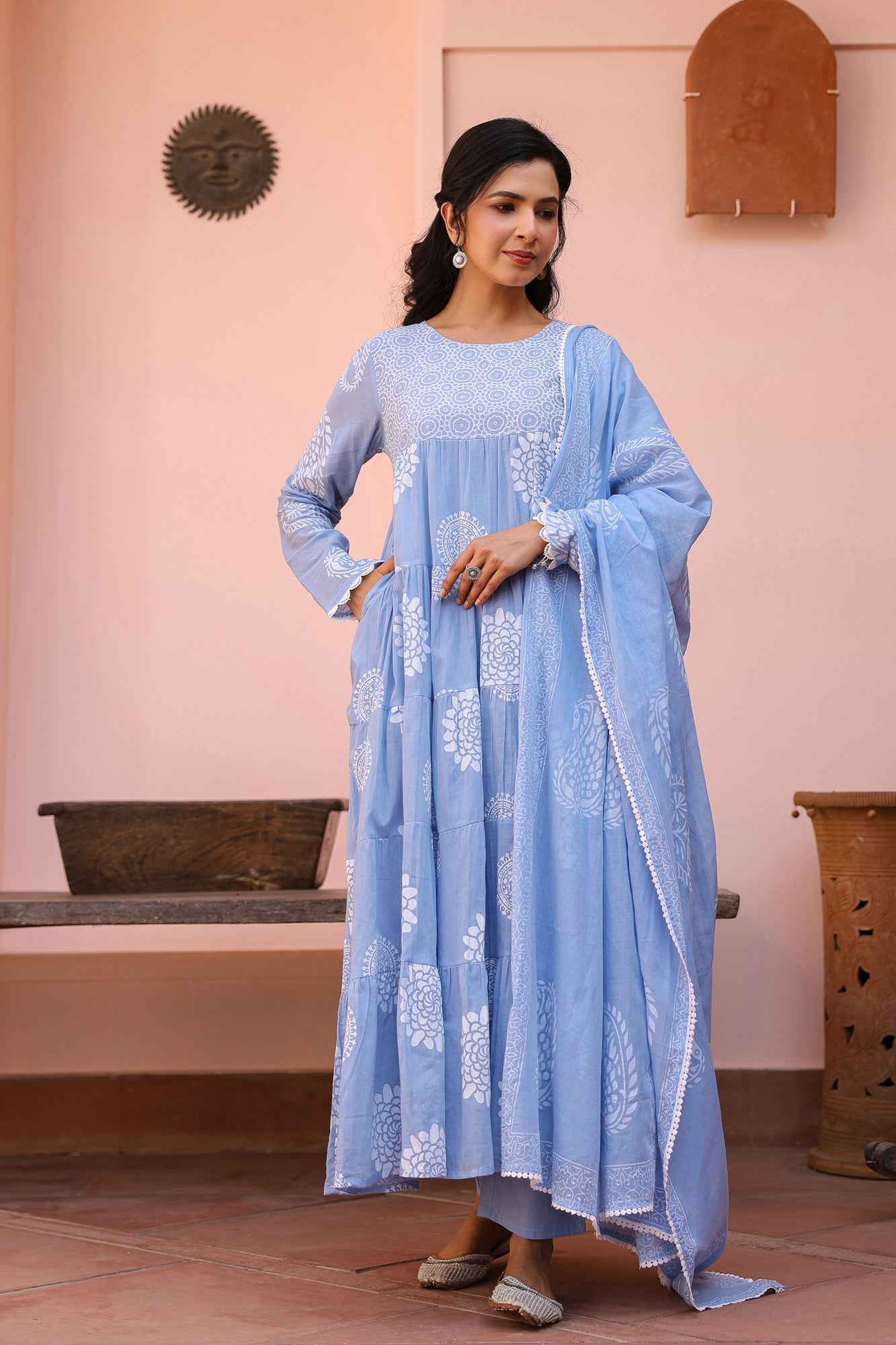 Blue Cotton Mulmul Khari Printed Tiered Anarkali Set