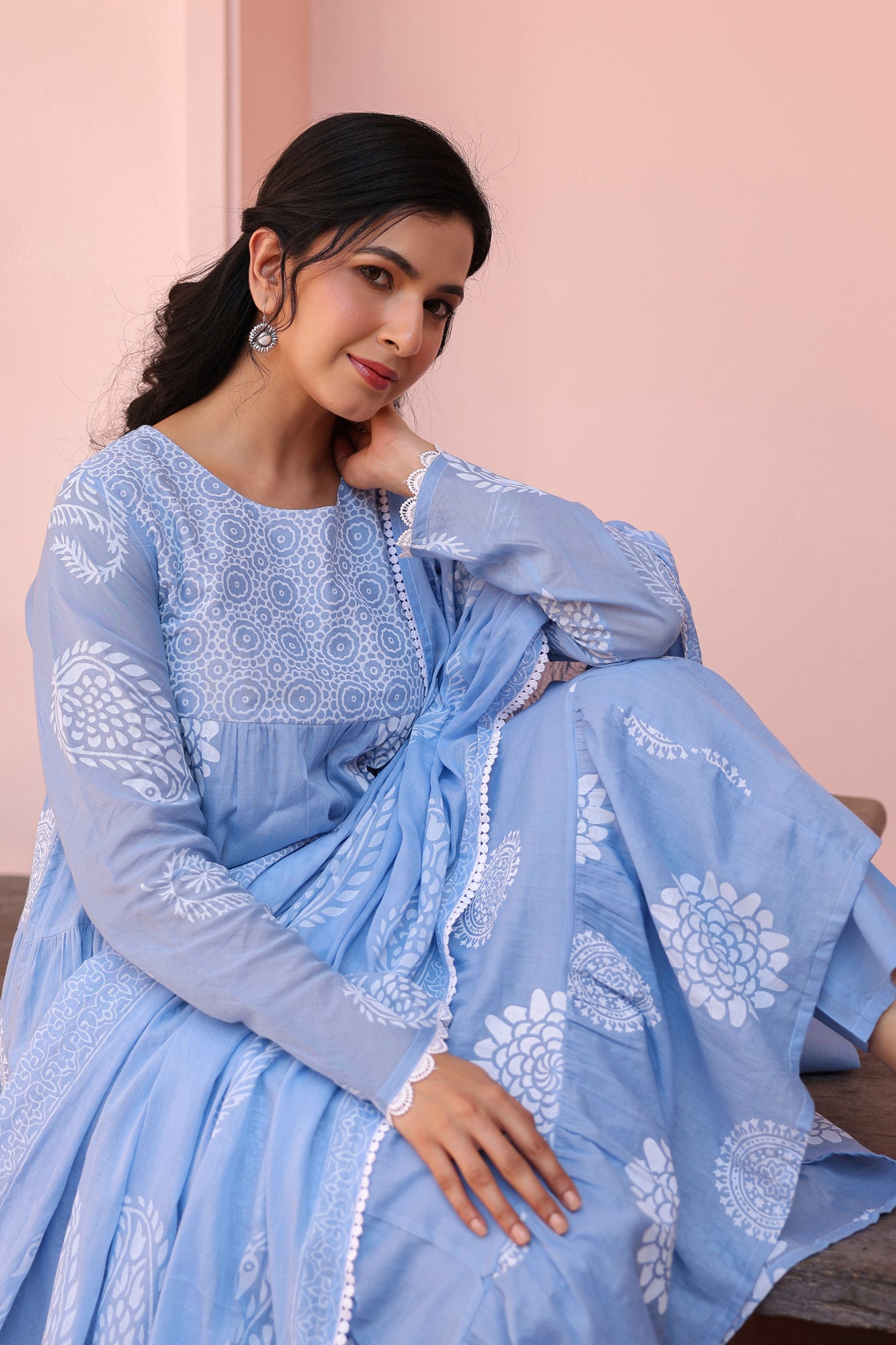 Blue Cotton Mulmul Khari Printed Tiered Anarkali Set