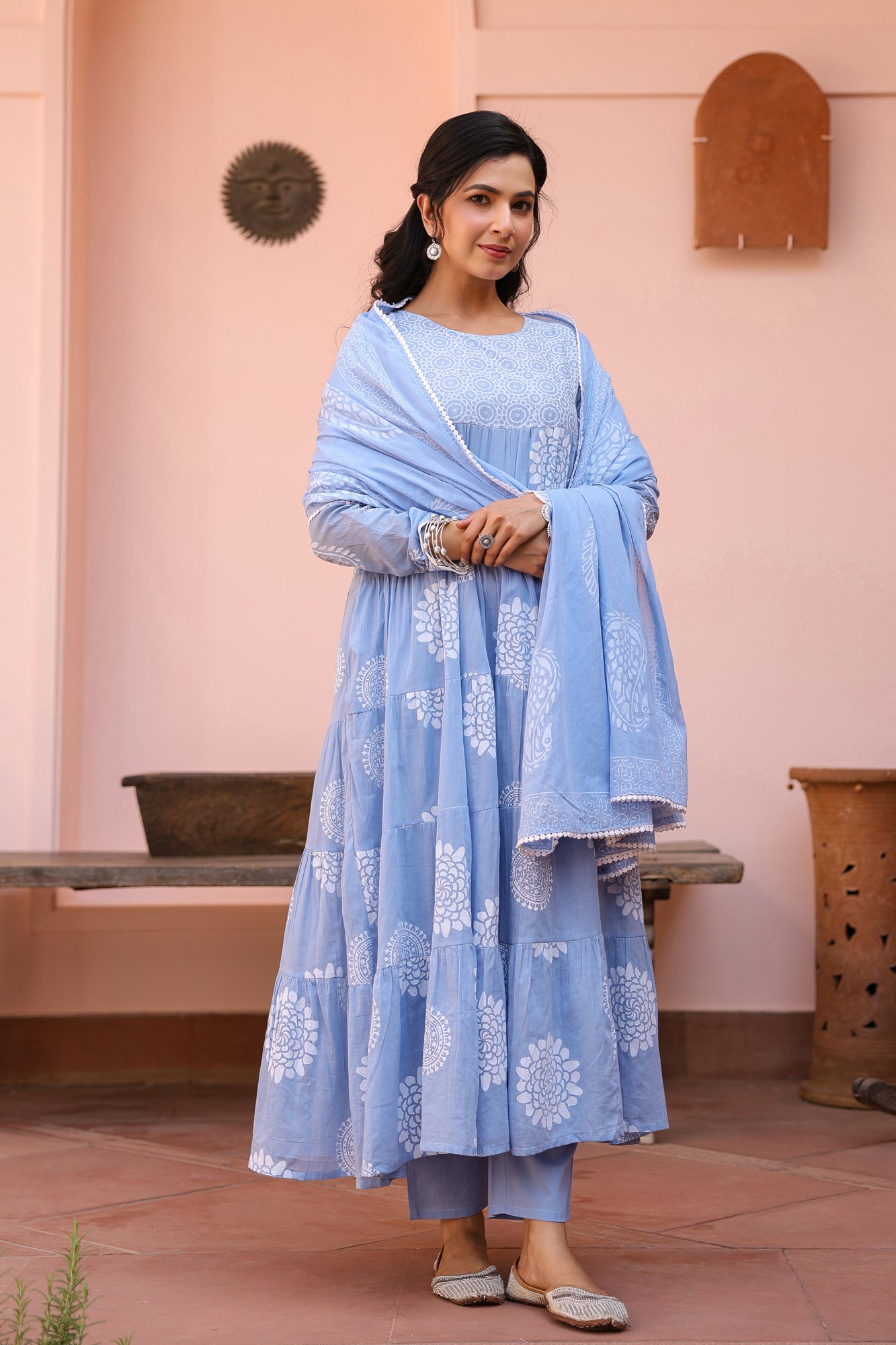 Blue Cotton Mulmul Khari Printed Tiered Anarkali Set