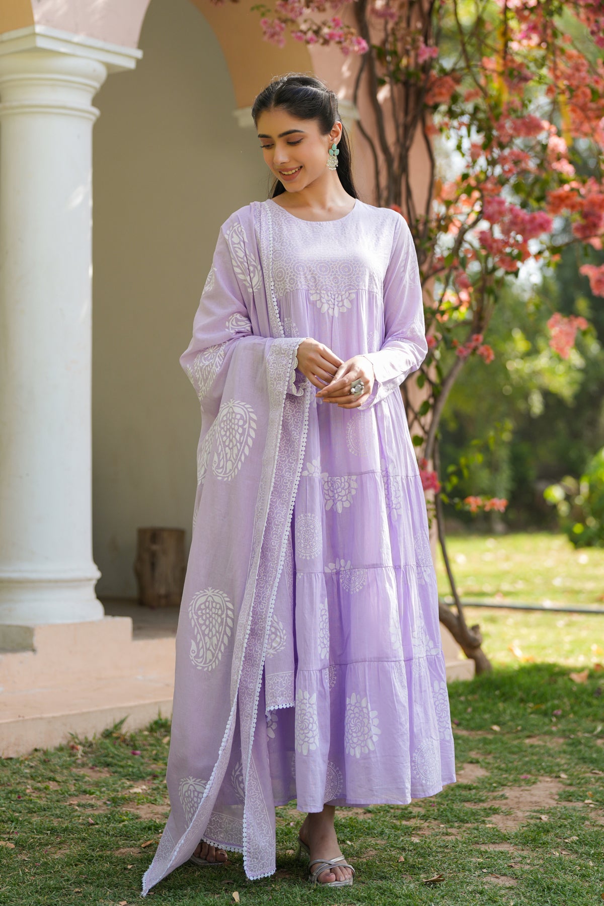 Lavender Cotton Mulmul Khari Printed Tiered Anarkali Set