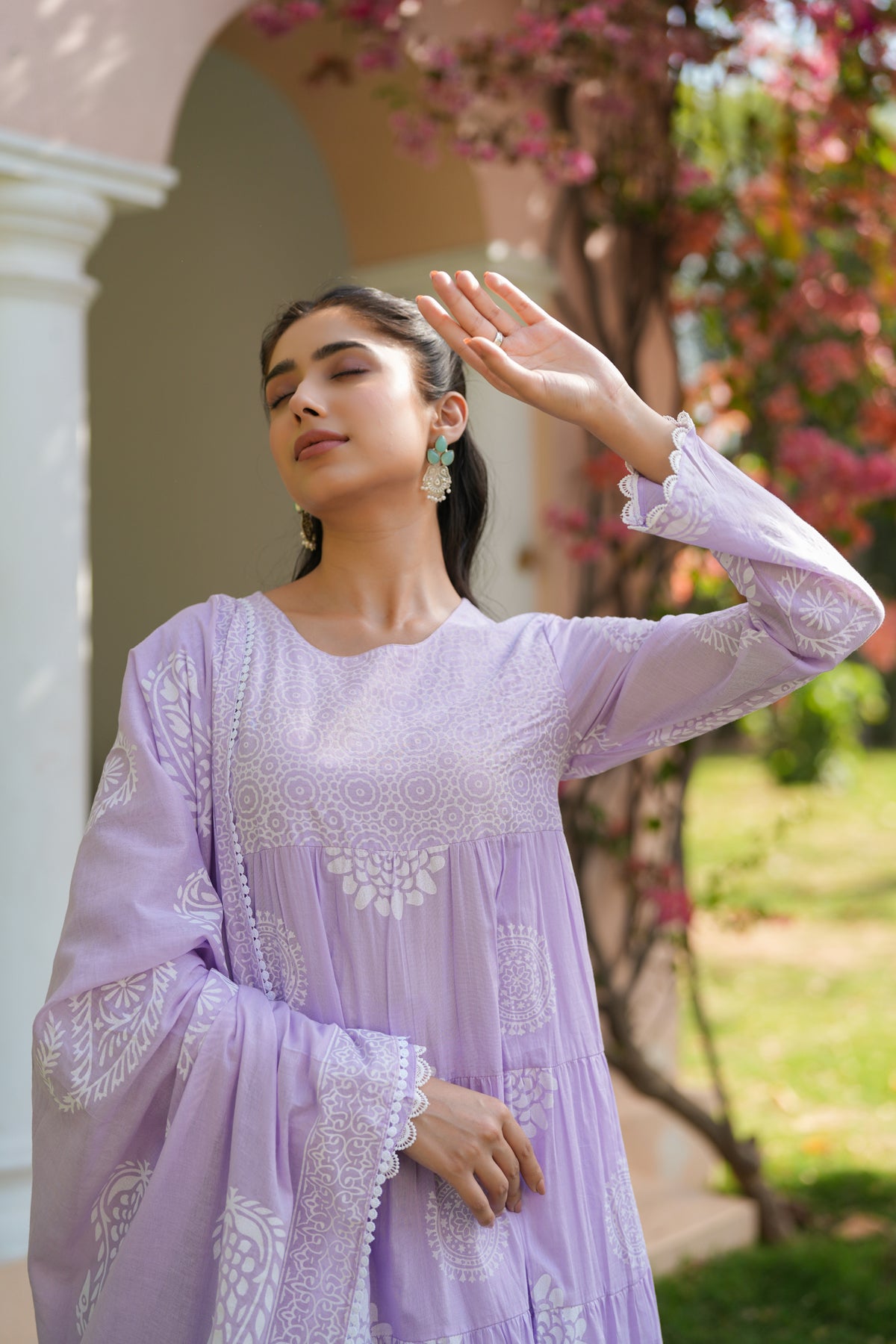 Lavender Cotton Mulmul Khari Printed Tiered Anarkali Set