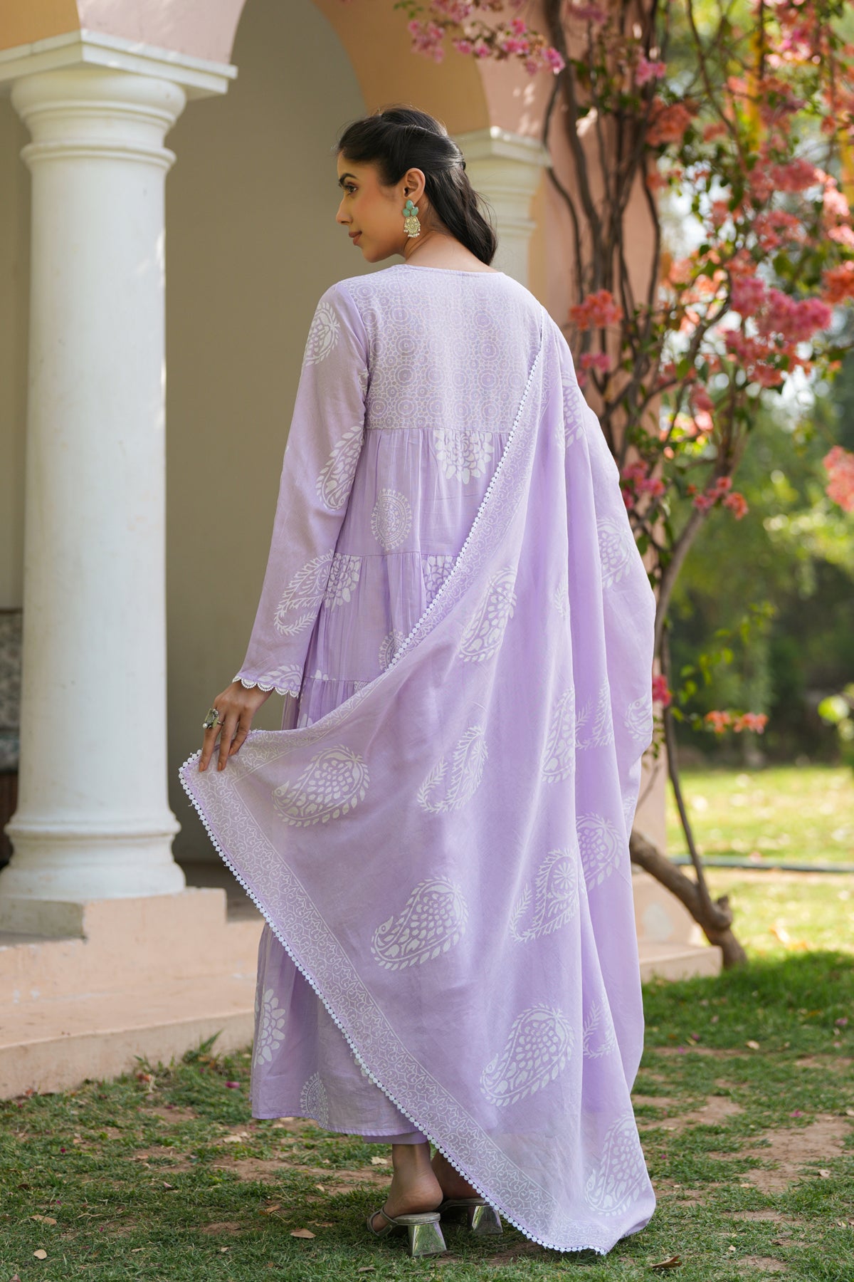 Lavender Cotton Mulmul Khari Printed Tiered Anarkali Set