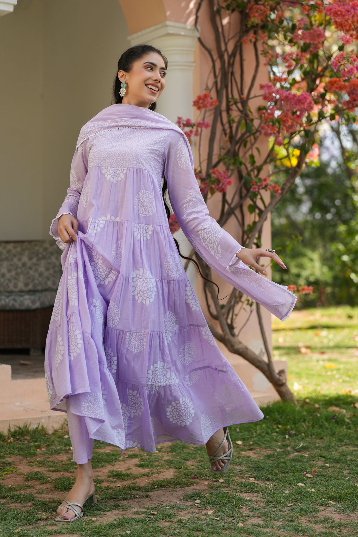 Lavender Cotton Mulmul Khari Printed Tiered Anarkali Set