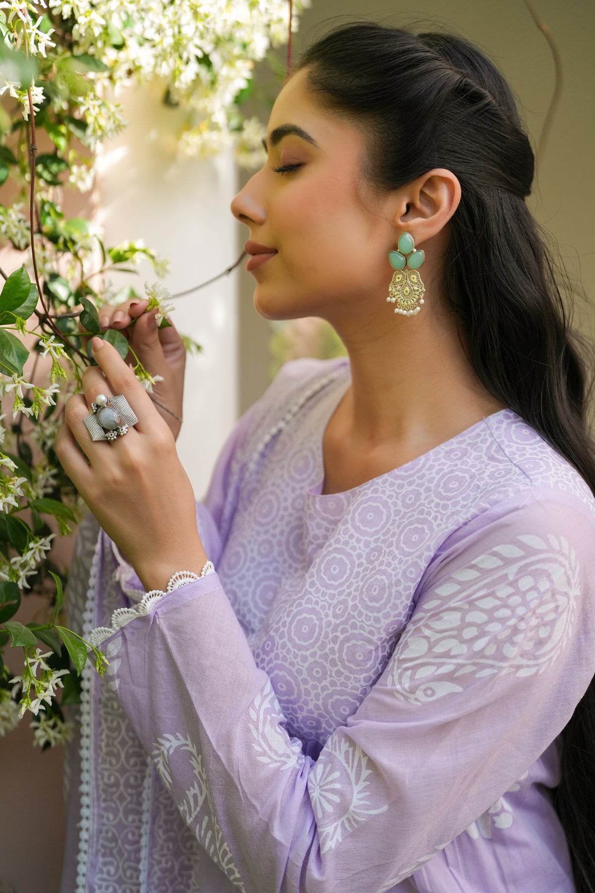 Lavender Cotton Mulmul Khari Printed Tiered Anarkali Set