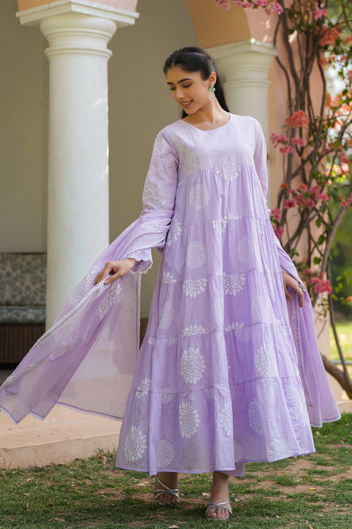 Lavender Cotton Mulmul Khari Printed Tiered Anarkali Set
