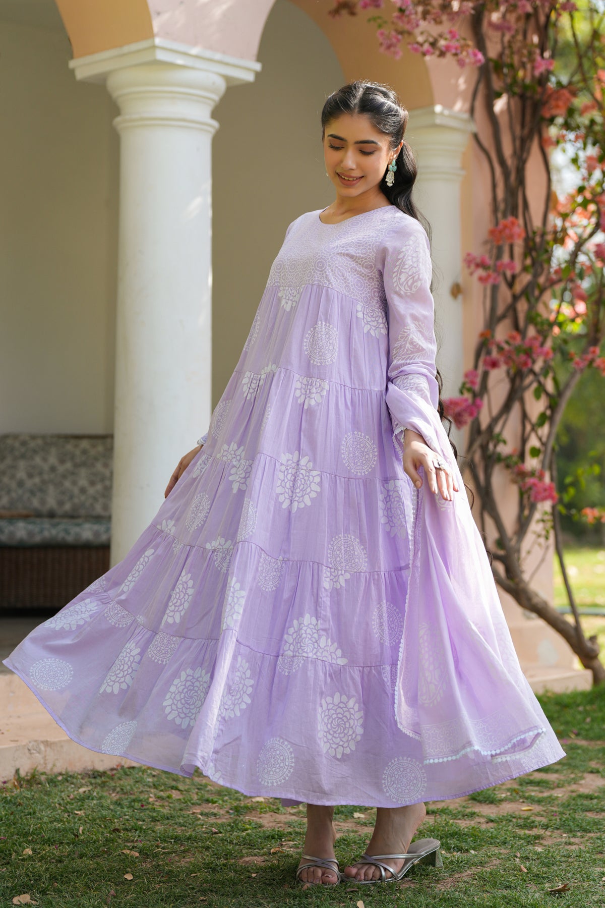 Lavender Cotton Mulmul Khari Printed Tiered Anarkali Set