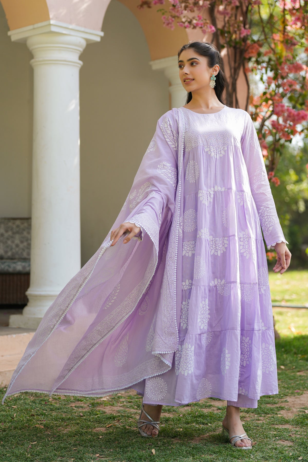 Lavender Cotton Mulmul Khari Printed Tiered Anarkali Set
