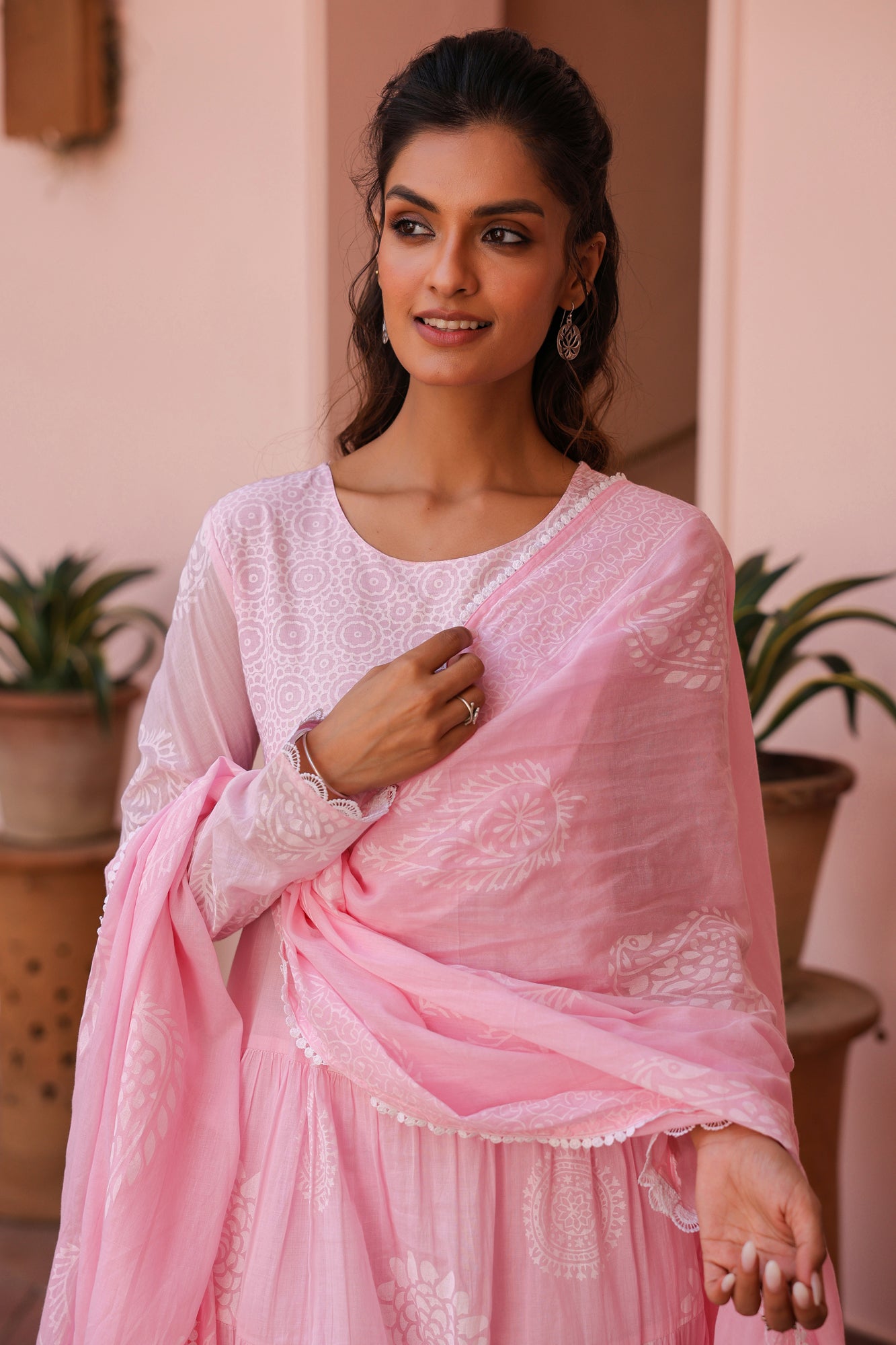 Pink Cotton Mulmul Khari Printed Tiered Anarkali Set