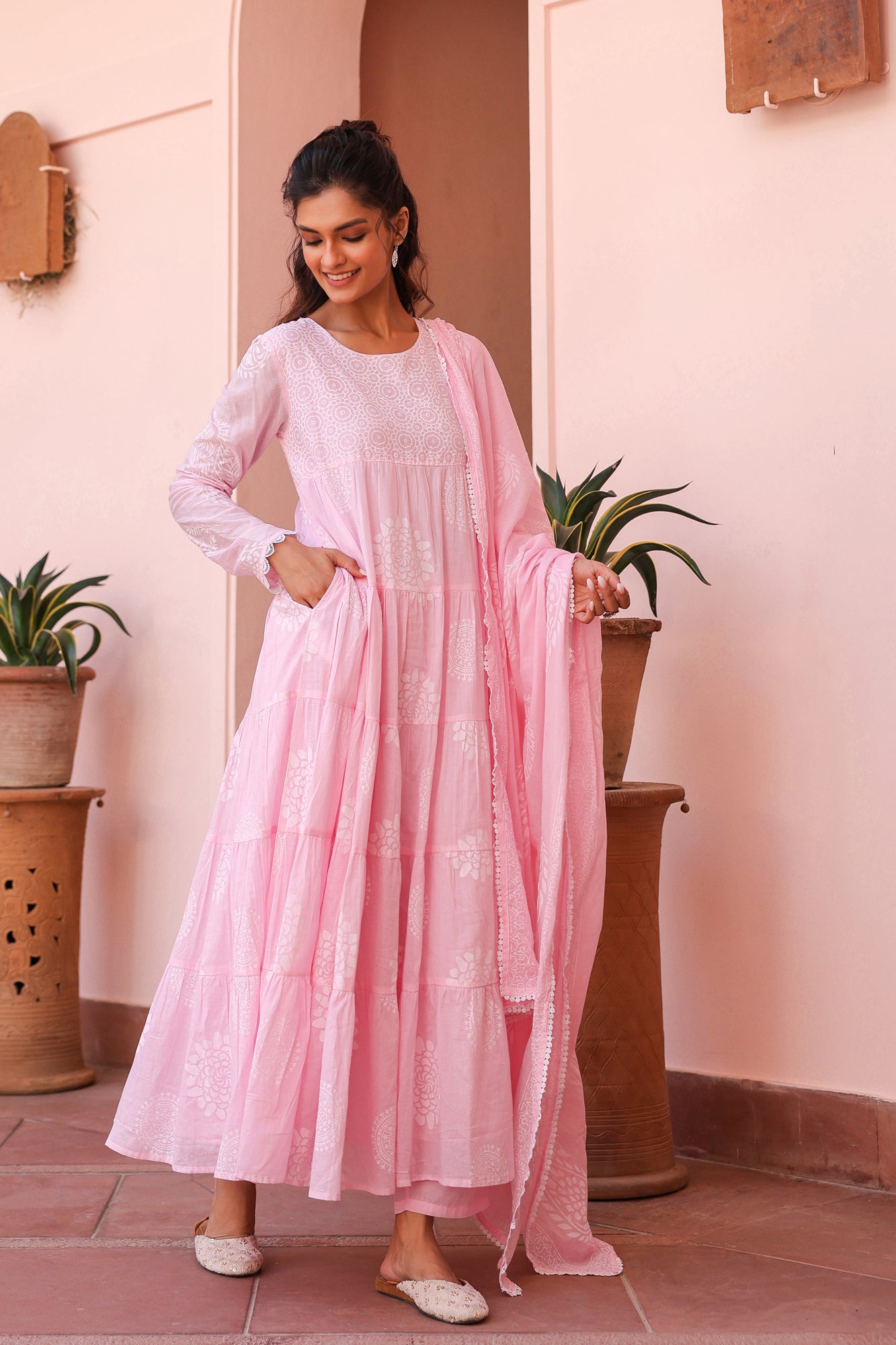 Pink Cotton Mulmul Khari Printed Tiered Anarkali Set