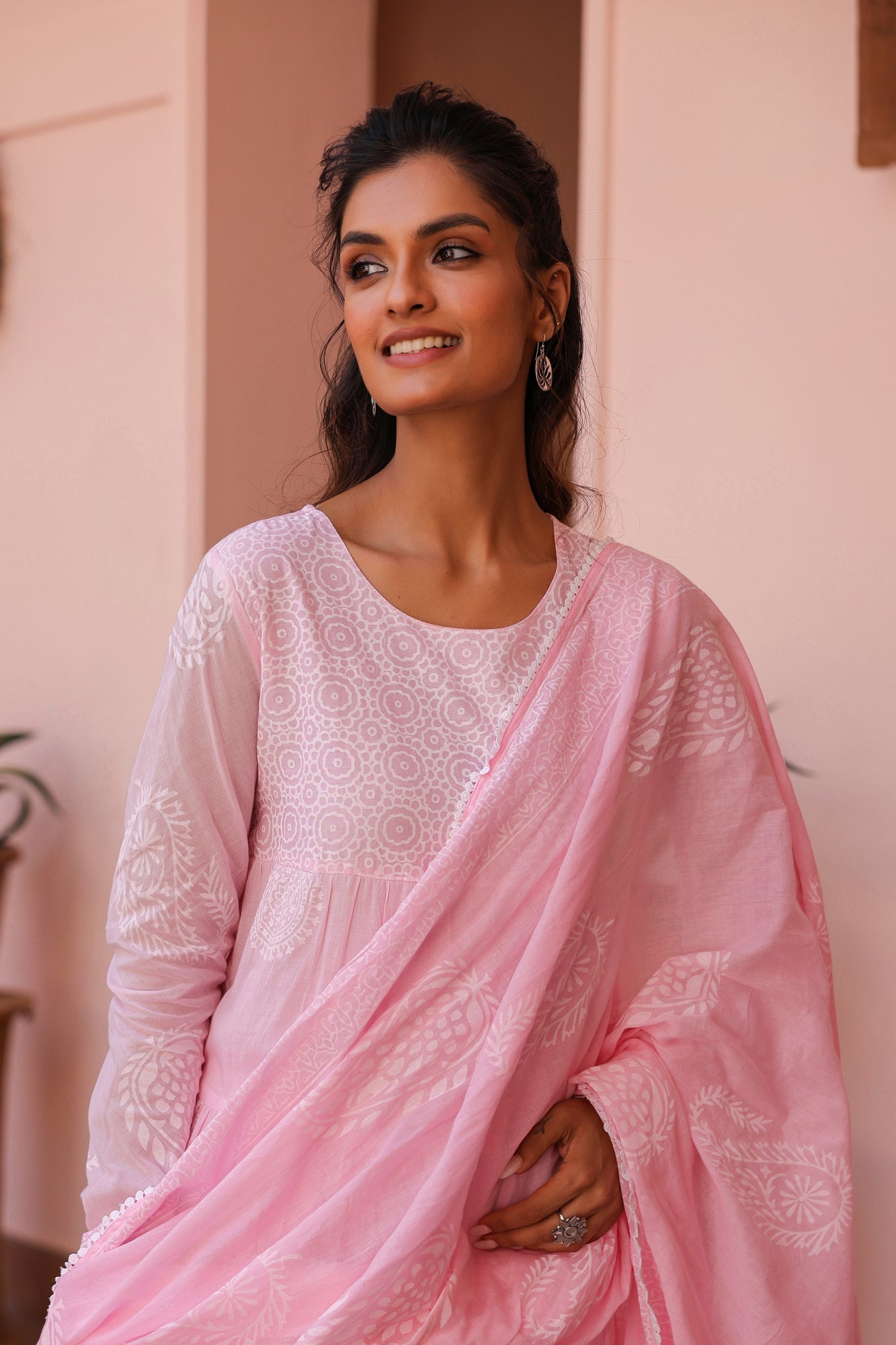 Pink Cotton Mulmul Khari Printed Tiered Anarkali Set