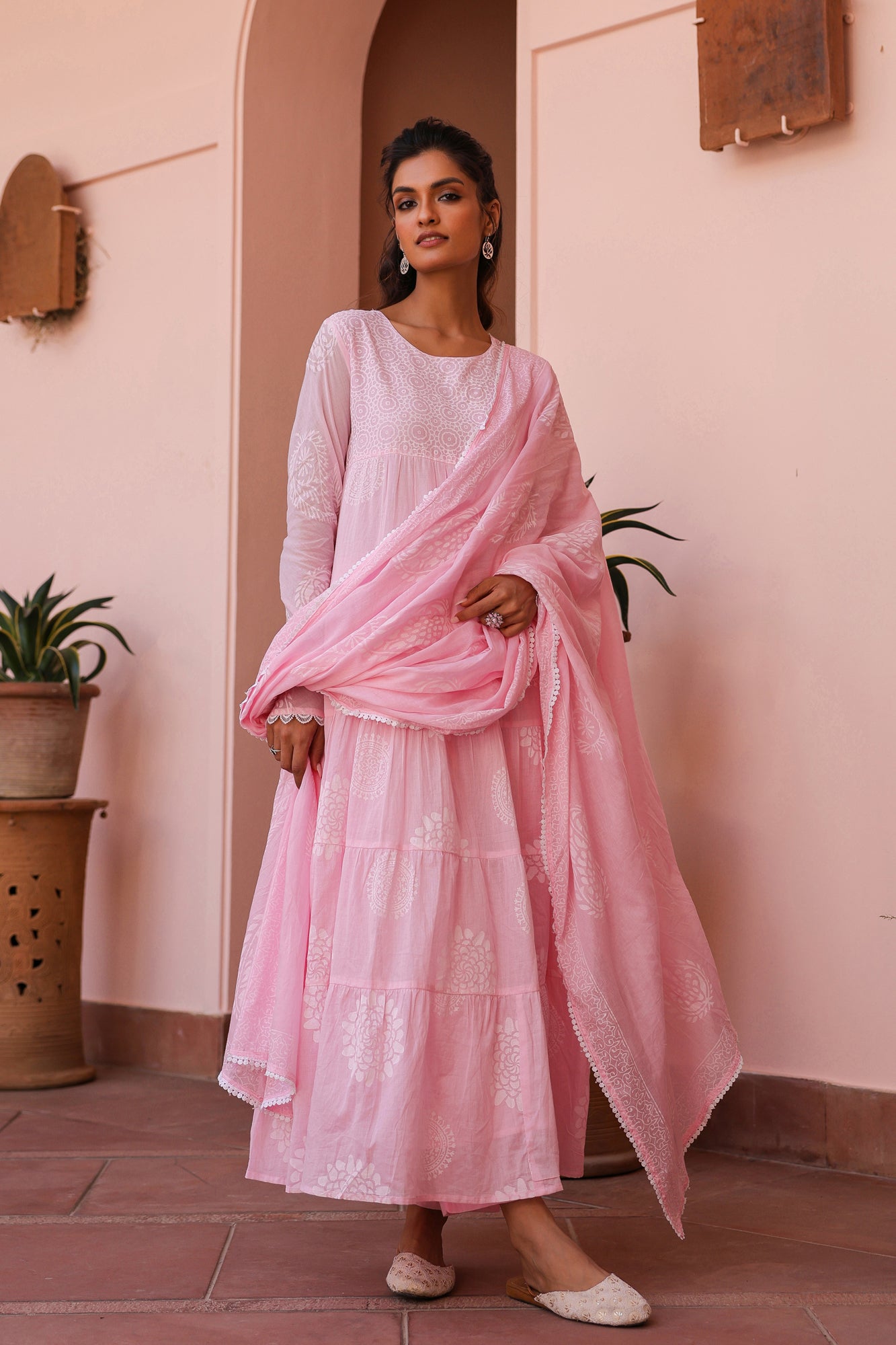 Pink Cotton Mulmul Khari Printed Tiered Anarkali Set