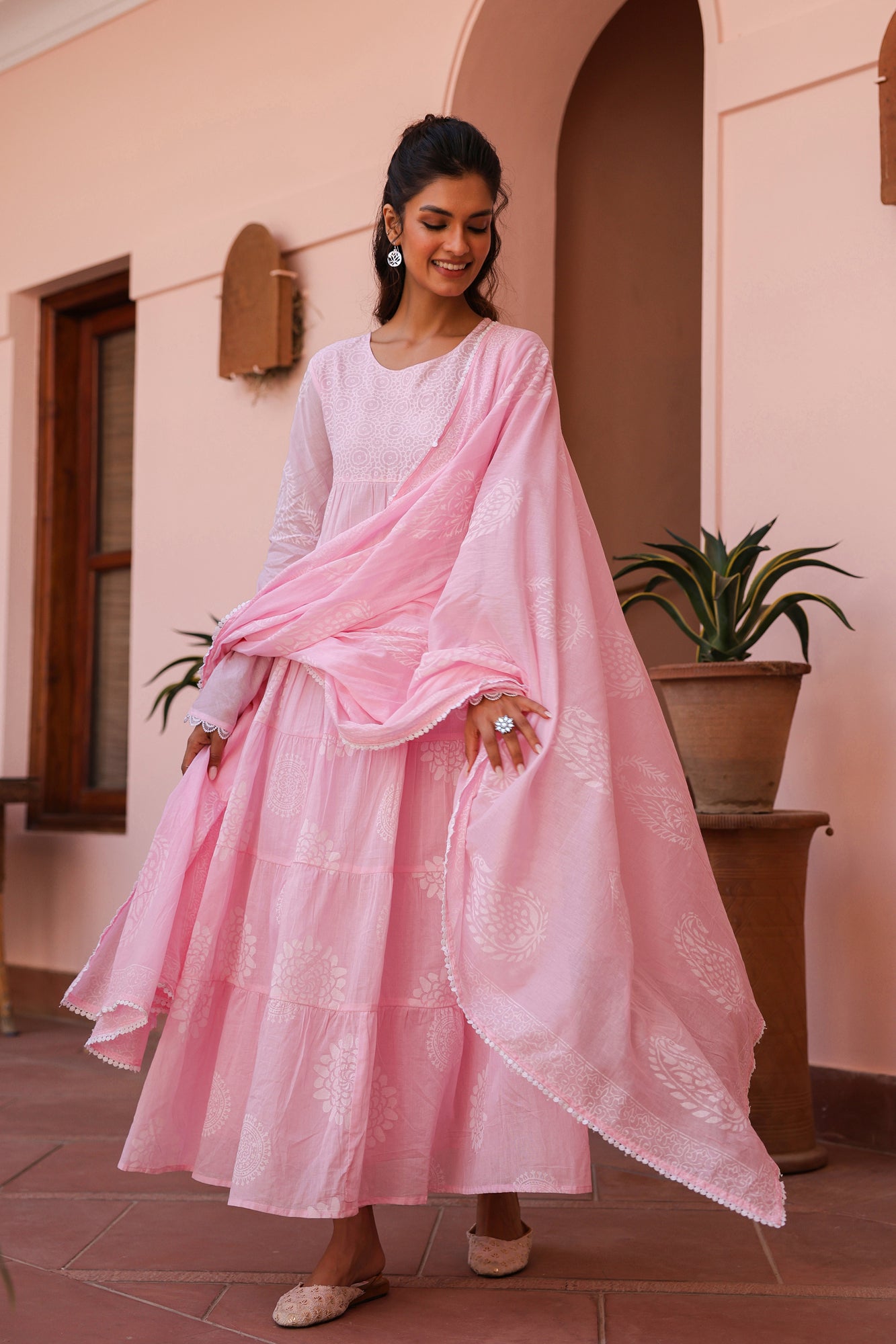 Pink Cotton Mulmul Khari Printed Tiered Anarkali Set