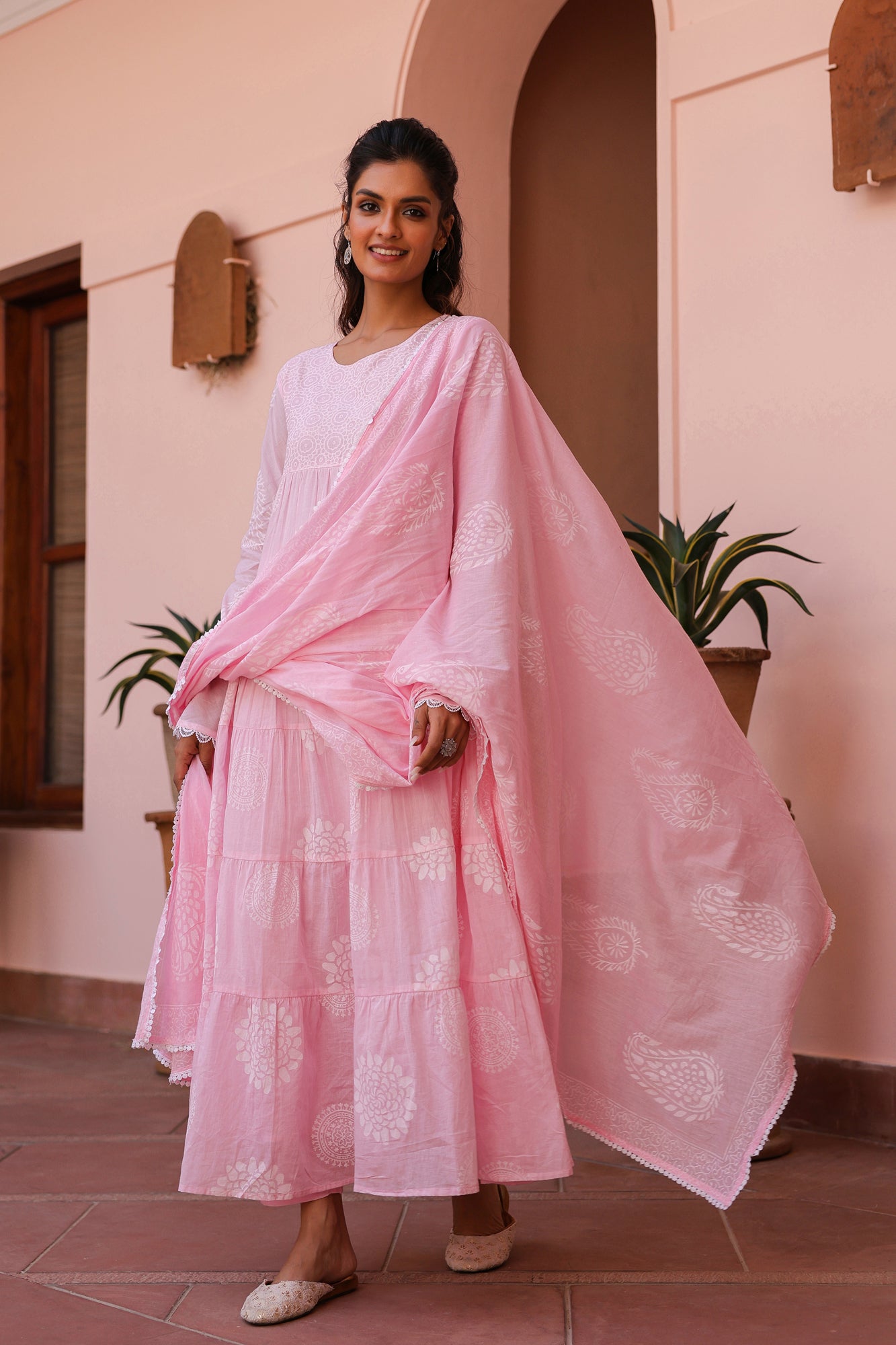 Pink Cotton Mulmul Khari Printed Tiered Anarkali Set