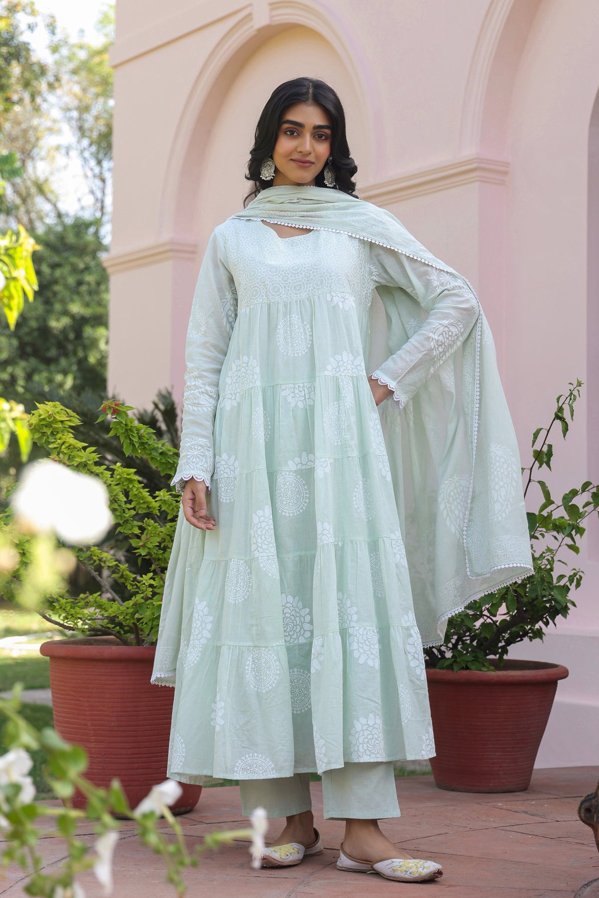 Pistagreen Cotton Mulmul Khari Printed Tiered Anarkali Set
