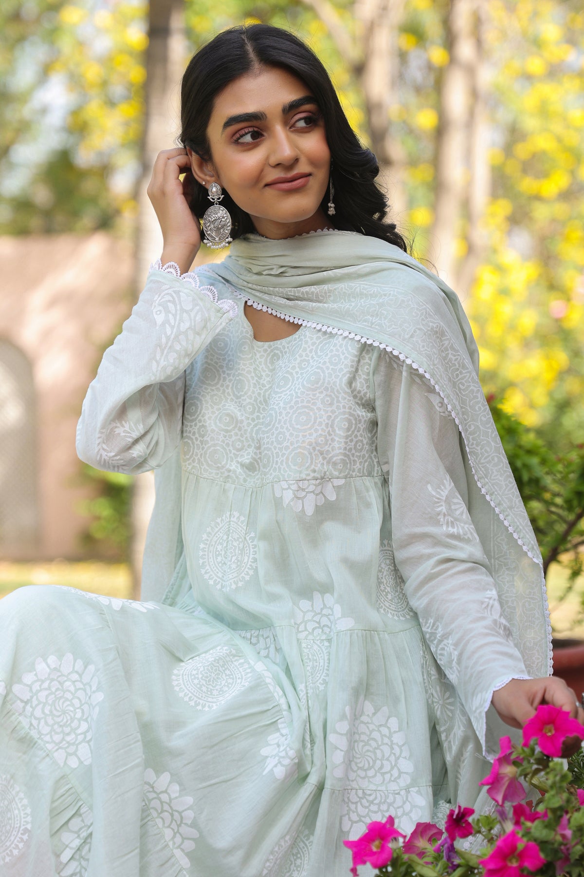 Pistagreen Cotton Mulmul Khari Printed Tiered Anarkali Set