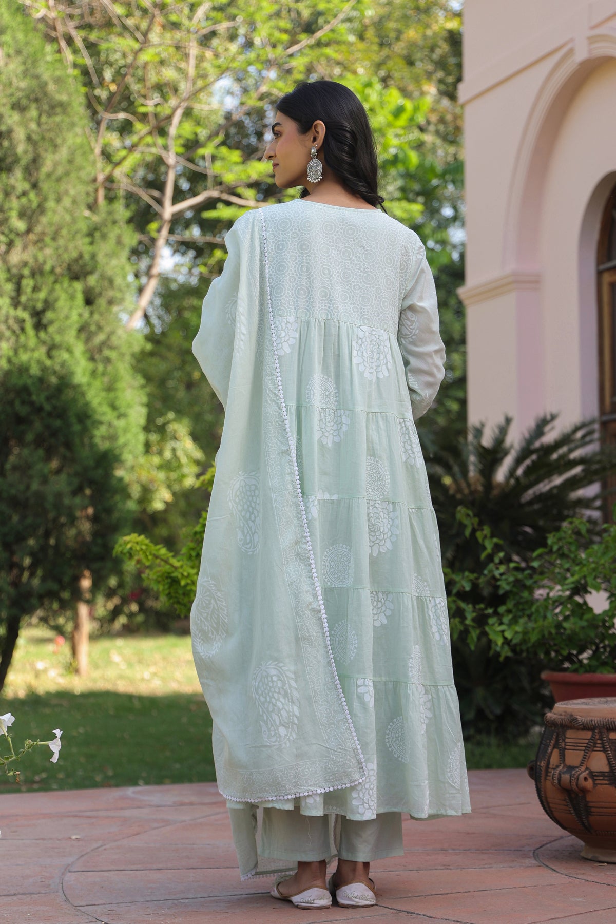 Pistagreen Cotton Mulmul Khari Printed Tiered Anarkali Set