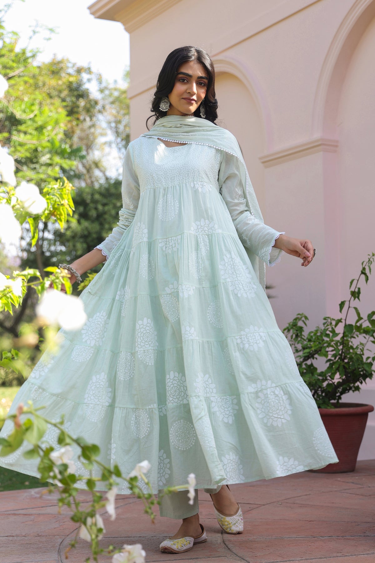 Pistagreen Cotton Mulmul Khari Printed Tiered Anarkali Set