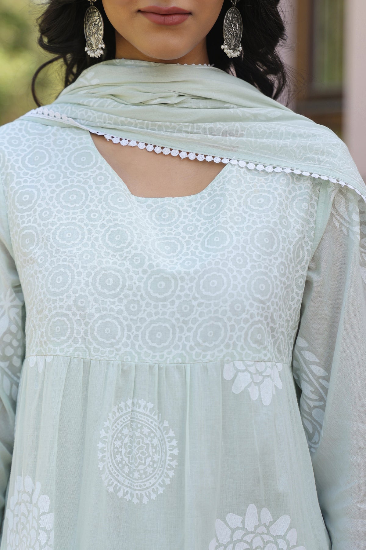 Pistagreen Cotton Mulmul Khari Printed Tiered Anarkali Set