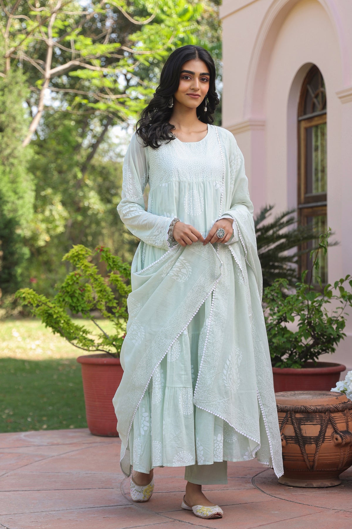 Pistagreen Cotton Mulmul Khari Printed Tiered Anarkali Set