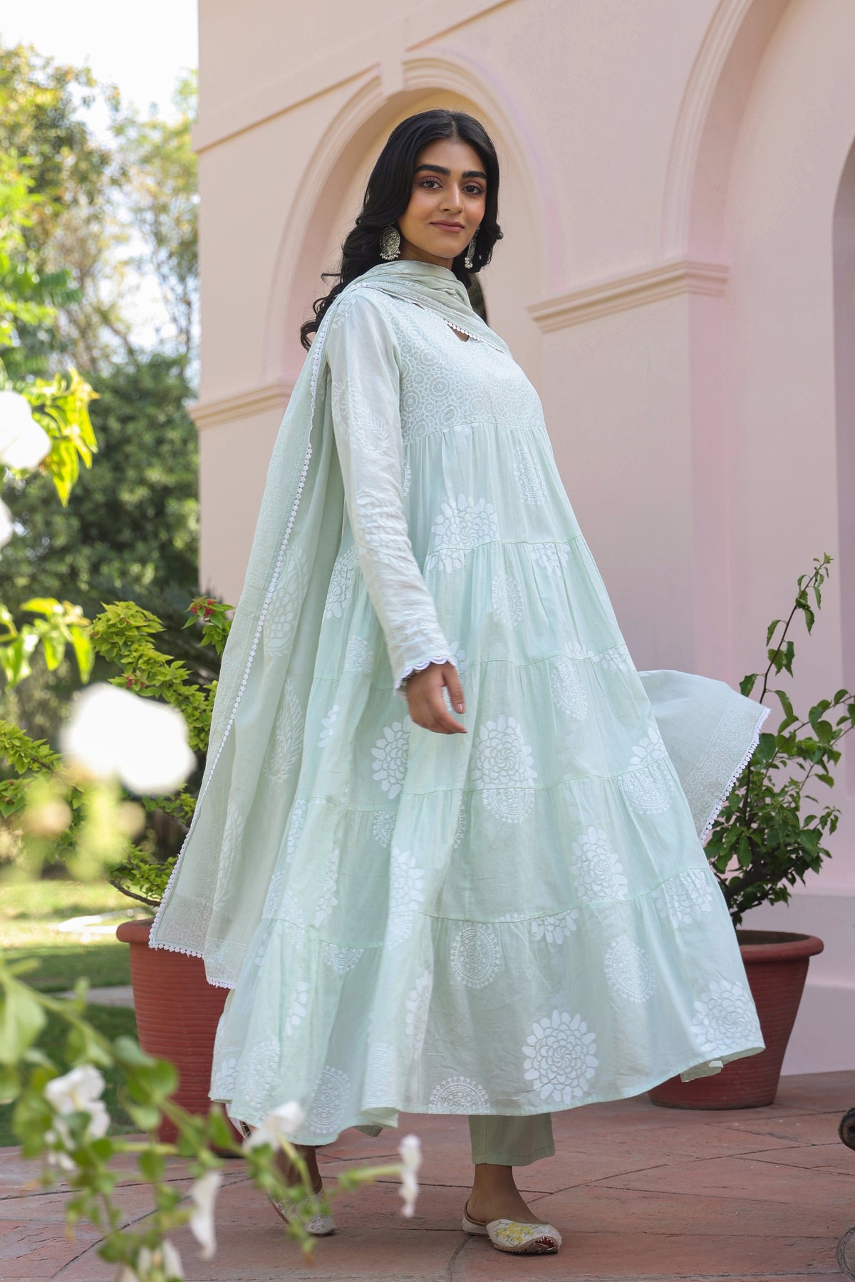 Pistagreen Cotton Mulmul Khari Printed Tiered Anarkali Set