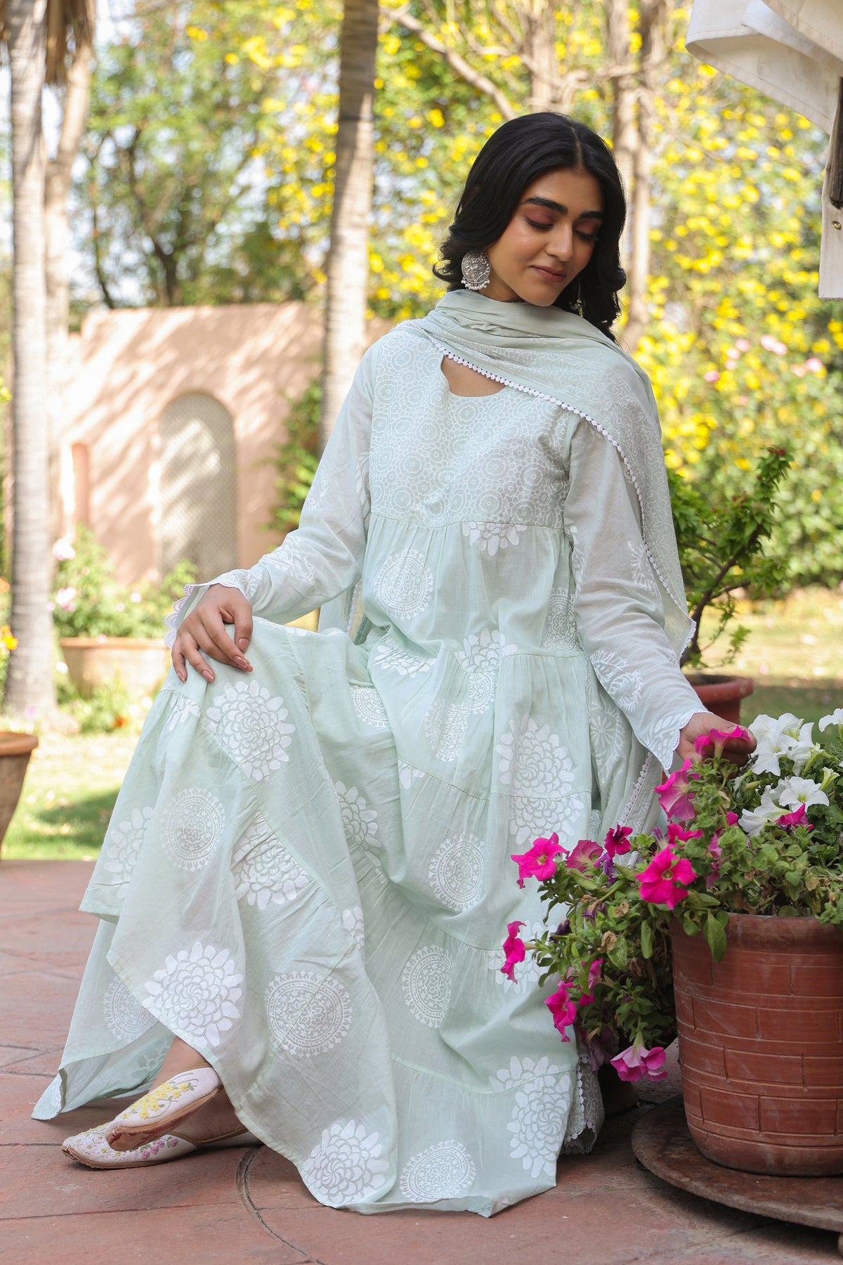 Pistagreen Cotton Mulmul Khari Printed Tiered Anarkali Set