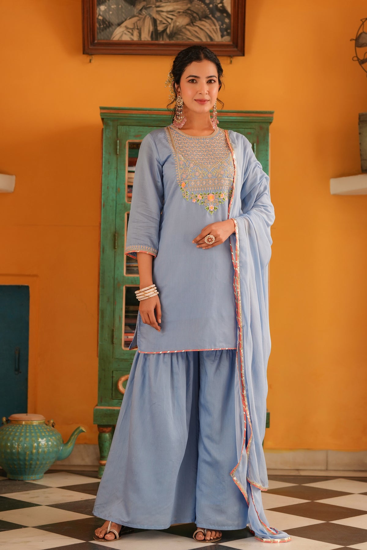 Blue Chanderi Silk Zari Embroidered Sharara Set