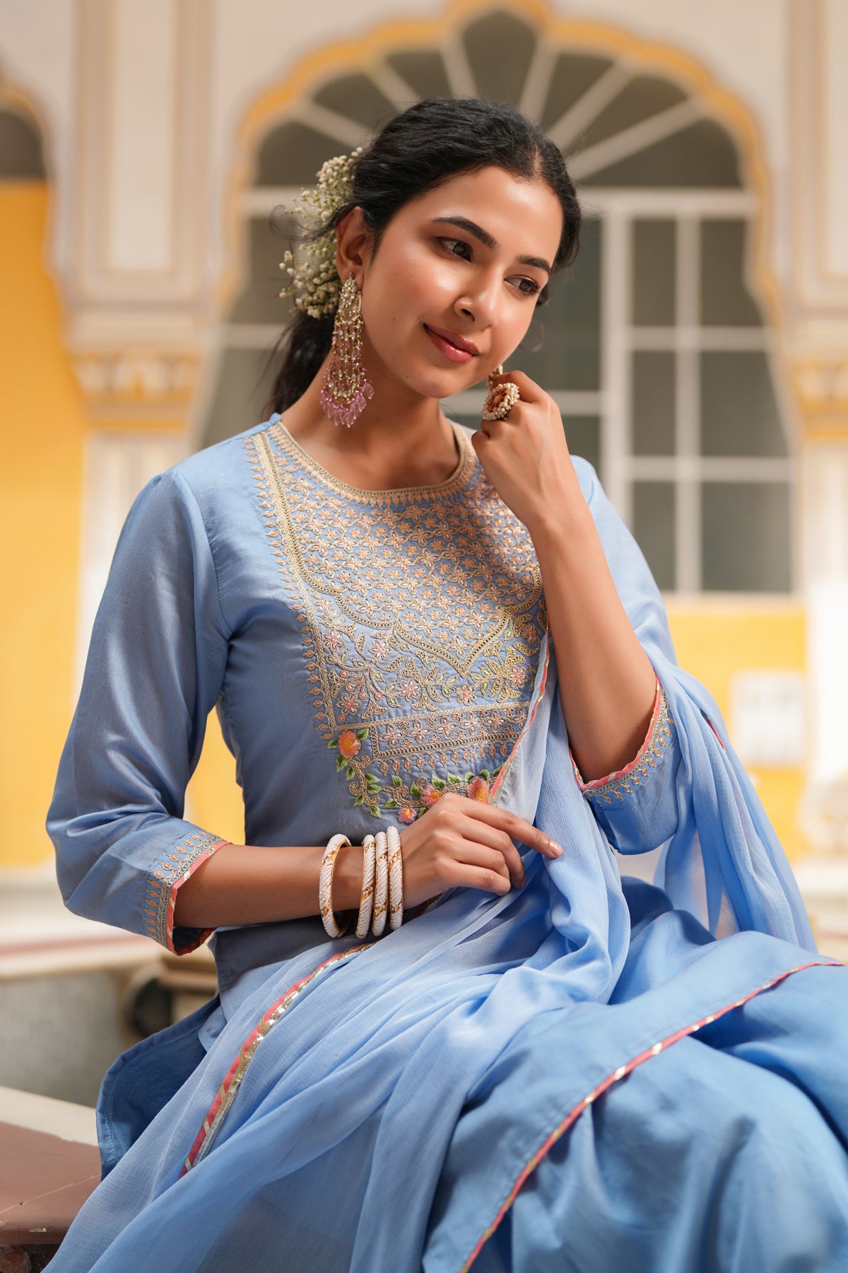 Blue Chanderi Silk Zari Embroidered Sharara Set