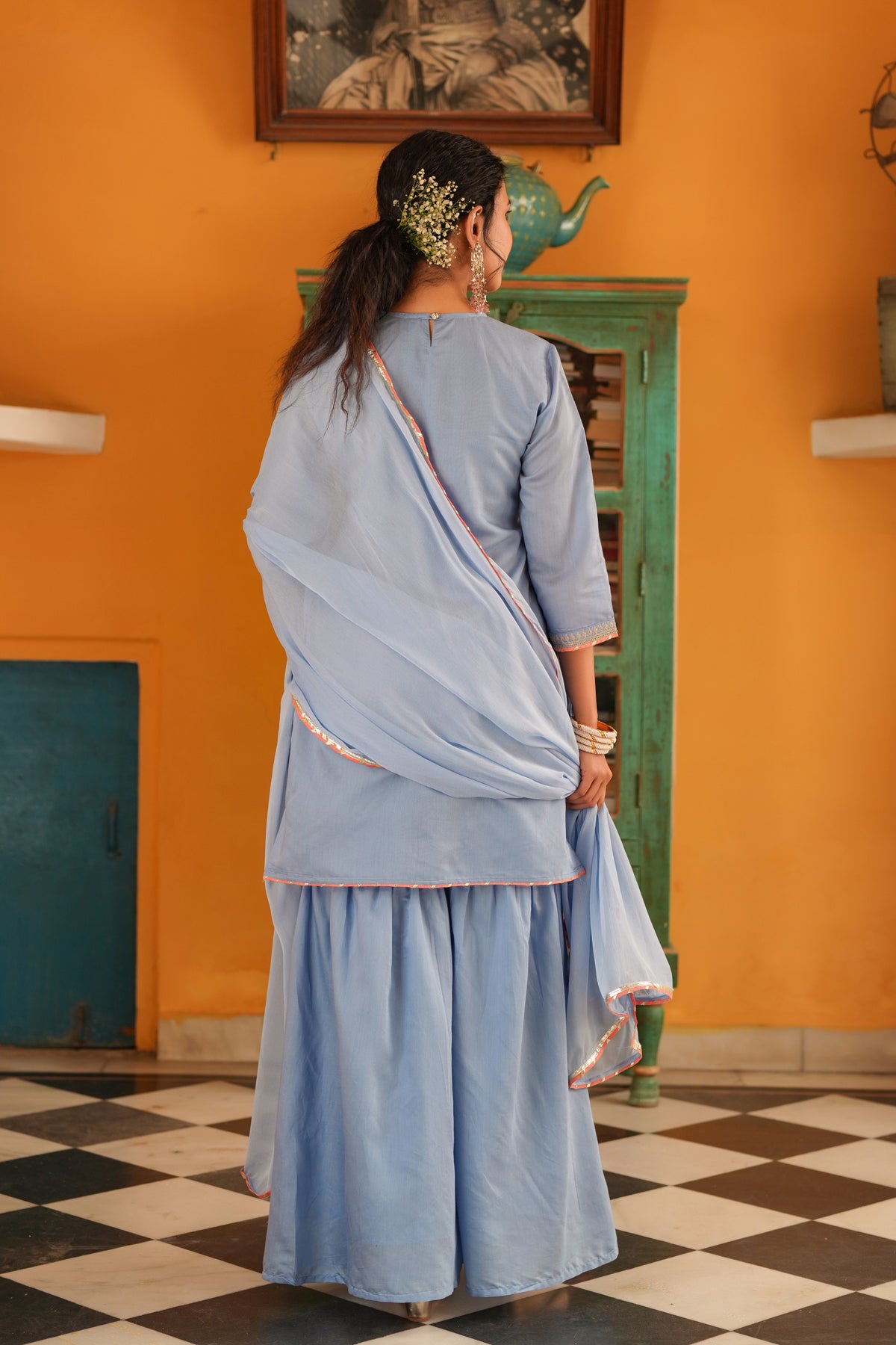 Blue Chanderi Silk Zari Embroidered Sharara Set