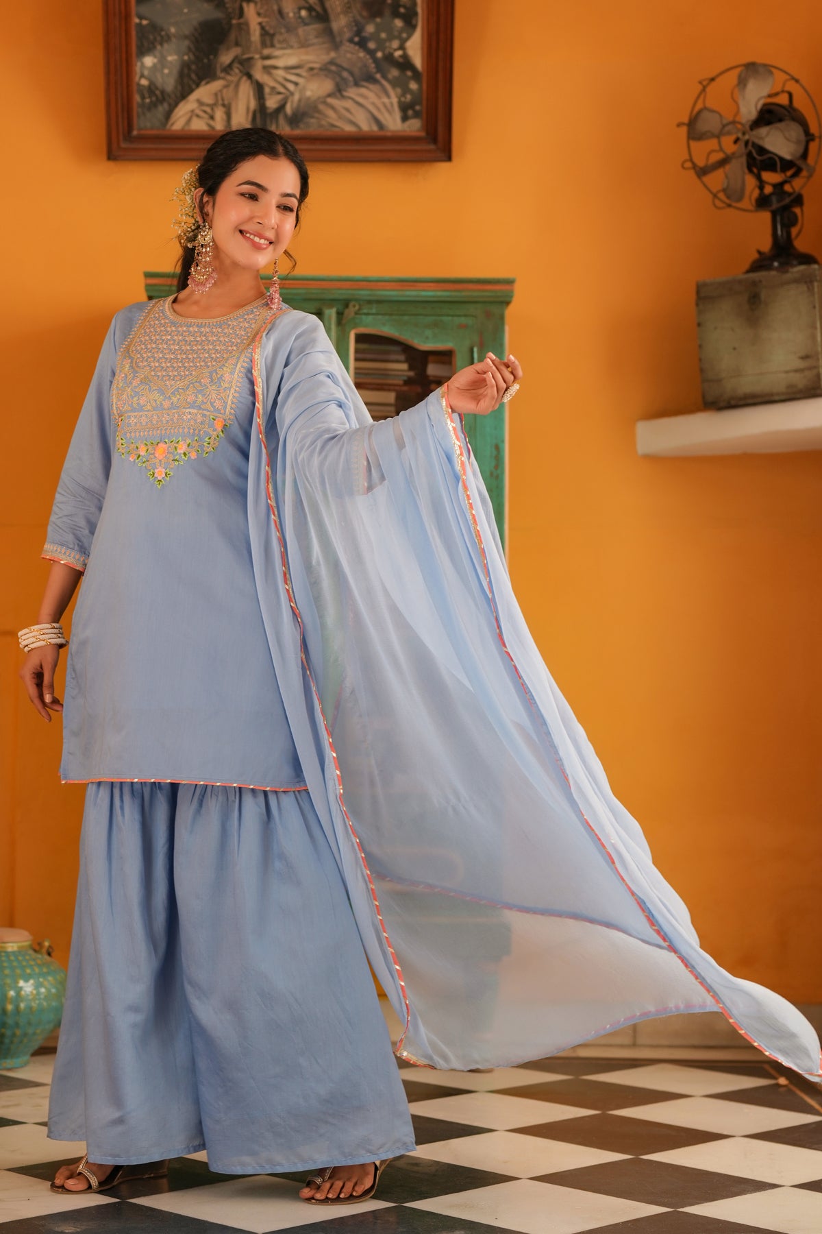 Blue Chanderi Silk Zari Embroidered Sharara Set
