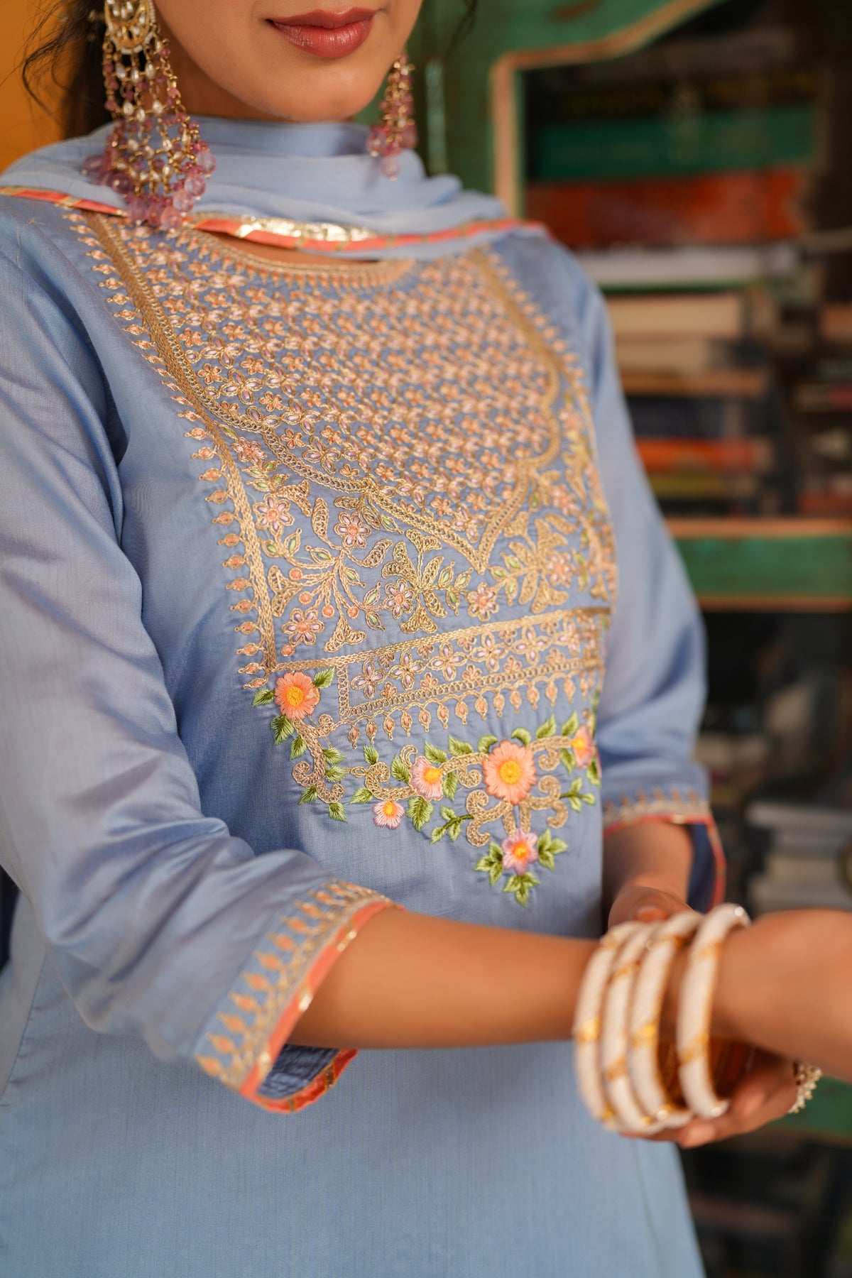 Blue Chanderi Silk Zari Embroidered Sharara Set