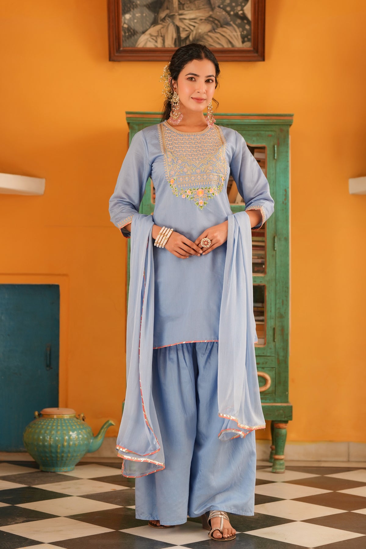 Blue Chanderi Silk Zari Embroidered Sharara Set