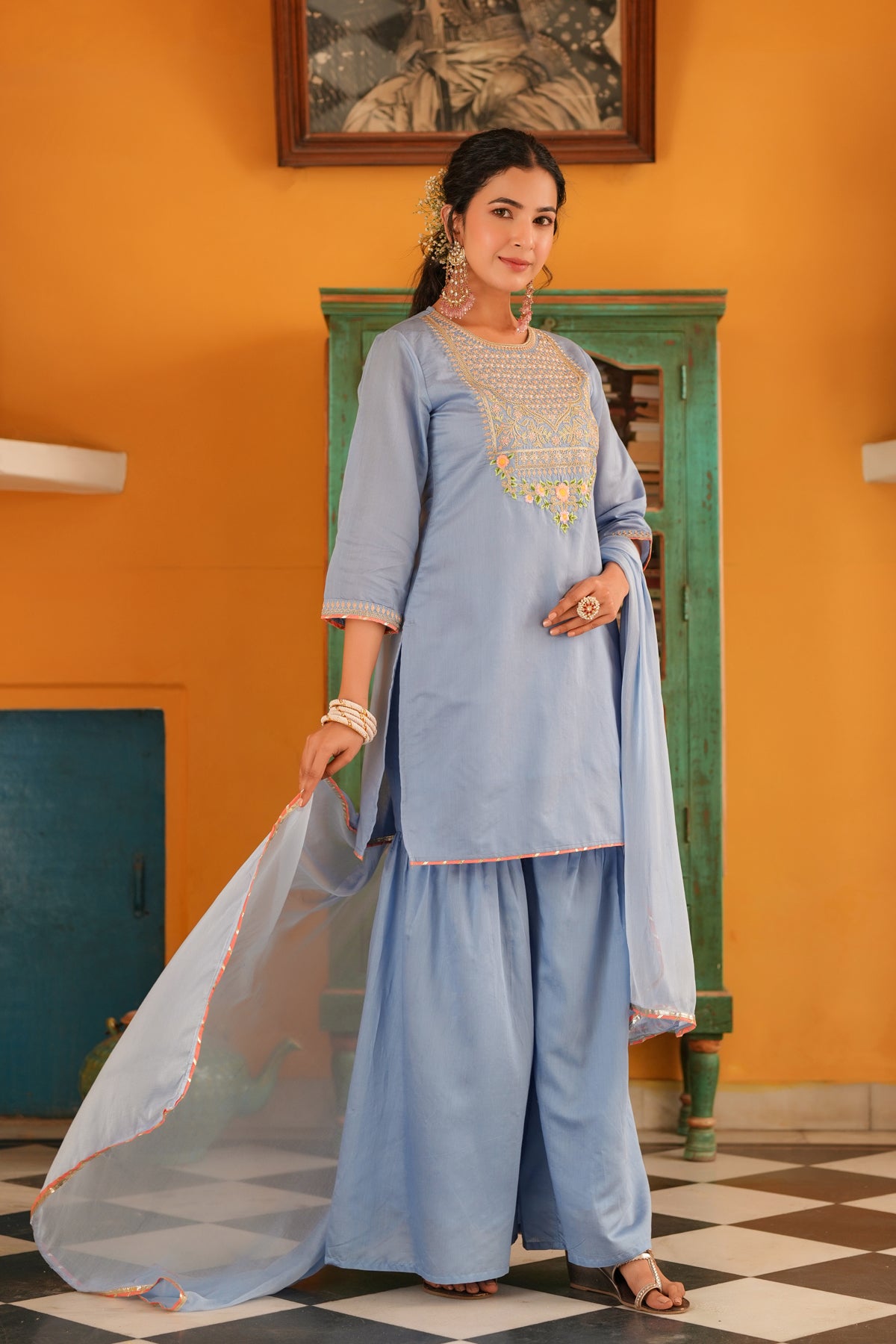 Blue Chanderi Silk Zari Embroidered Sharara Set