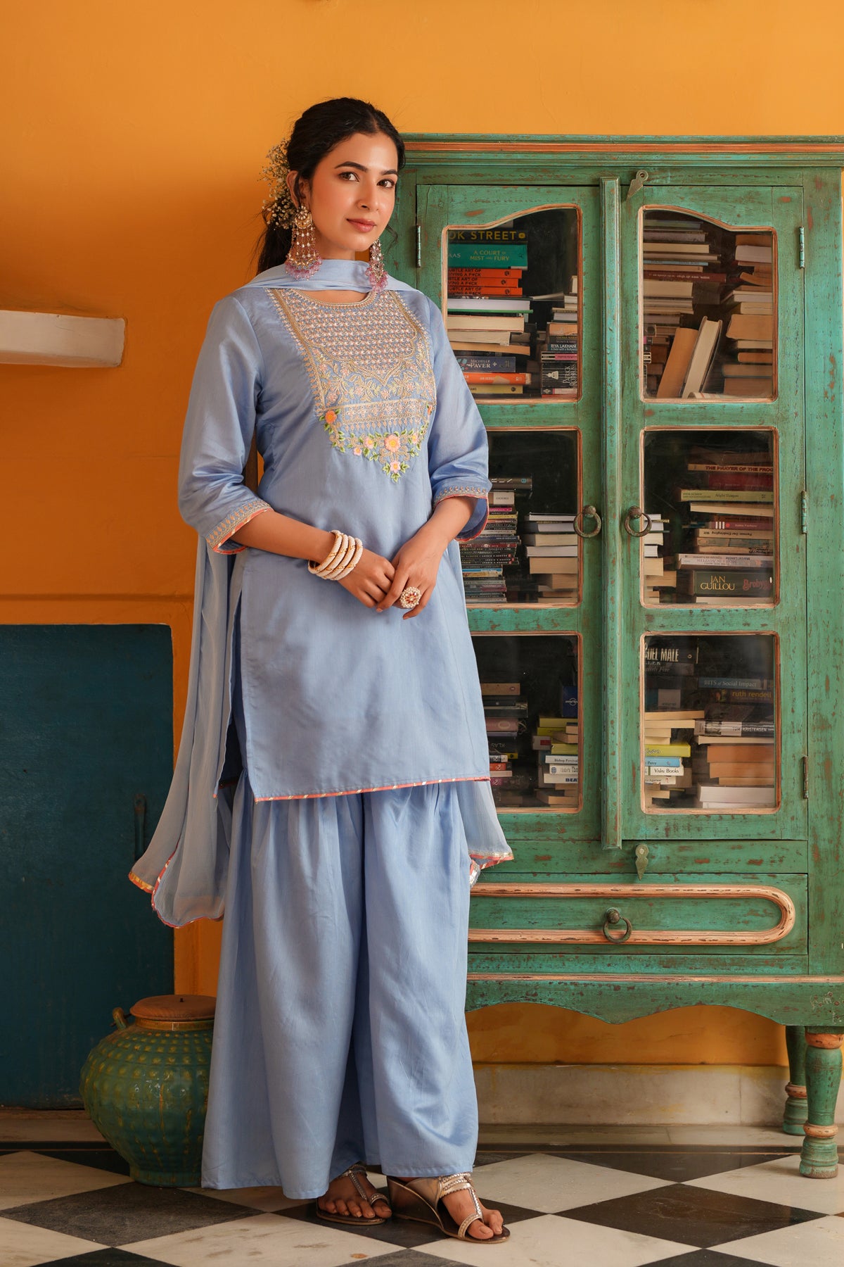 Blue Chanderi Silk Zari Embroidered Sharara Set
