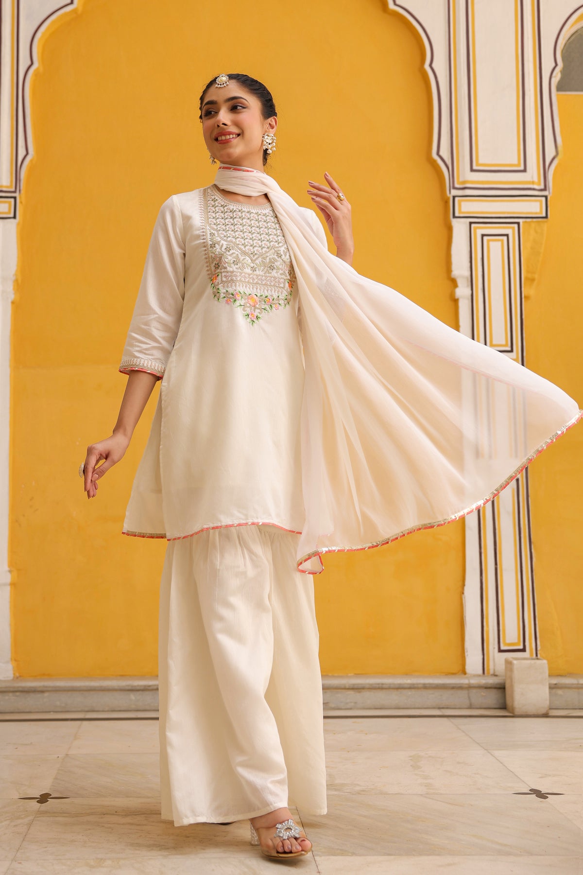 Ivory Chanderi Silk Zari Embroidered Sharara Set