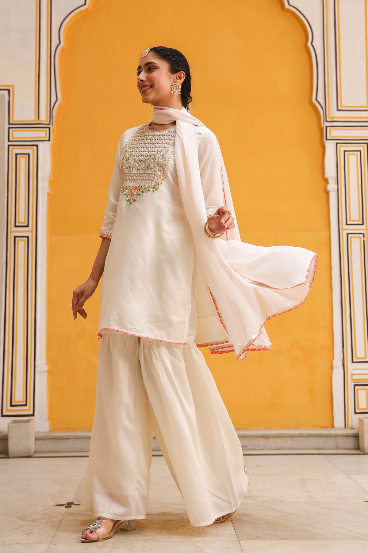 Ivory Chanderi Silk Zari Embroidered Sharara Set