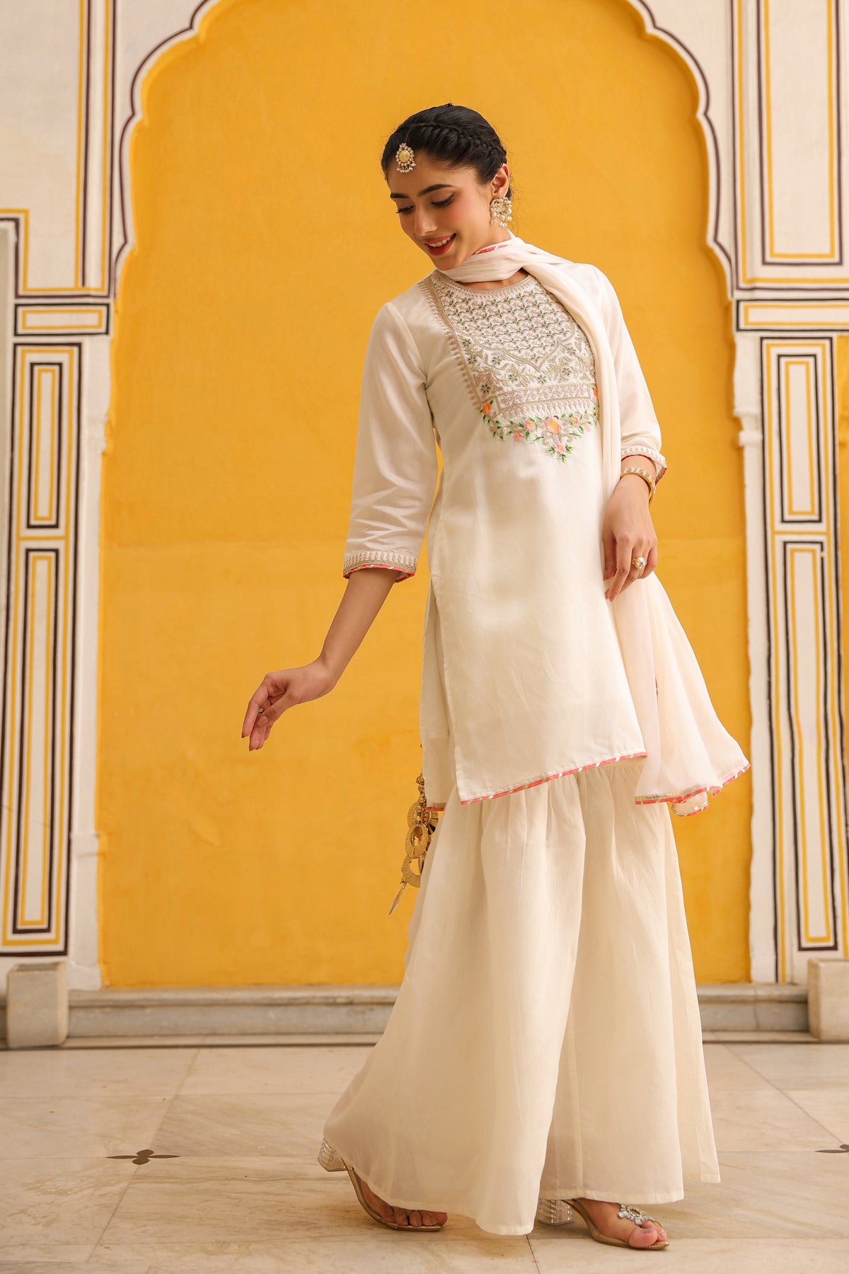 Ivory Chanderi Silk Zari Embroidered Sharara Set