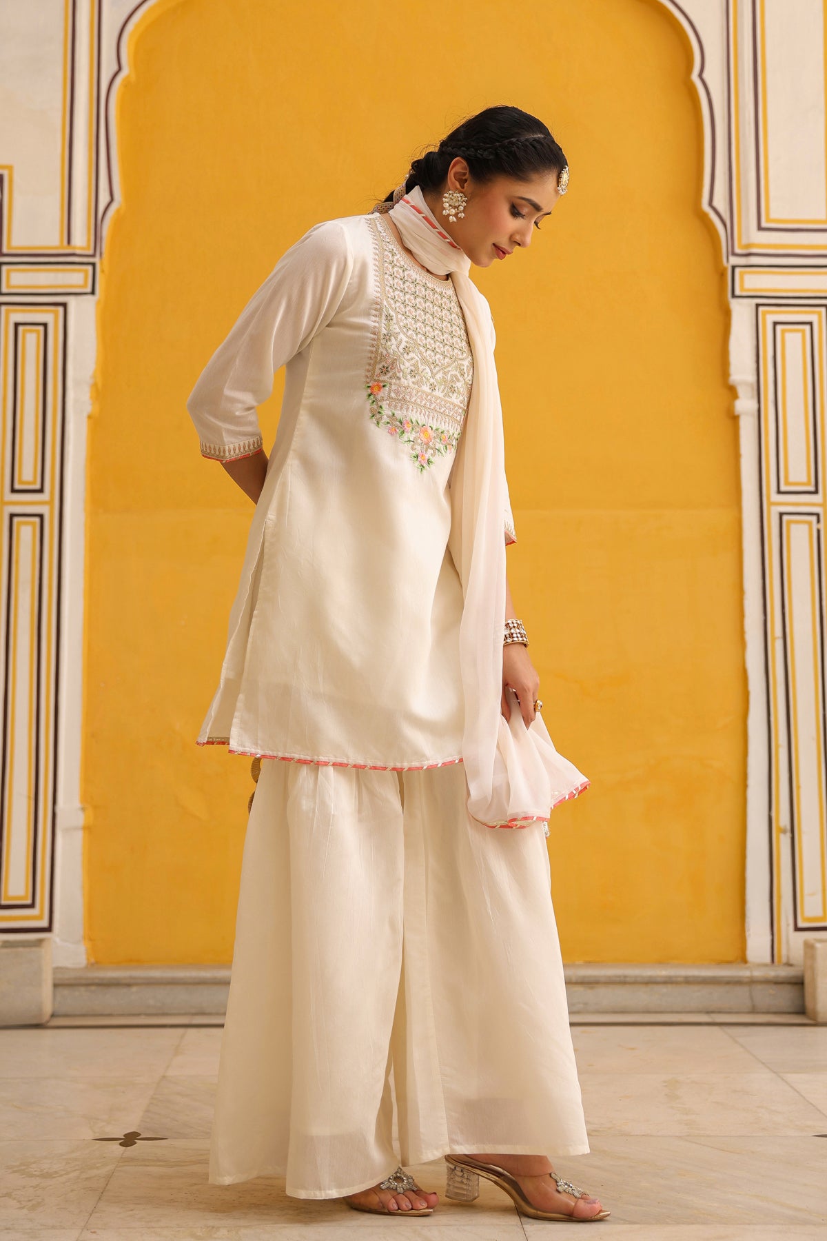 Ivory Chanderi Silk Zari Embroidered Sharara Set