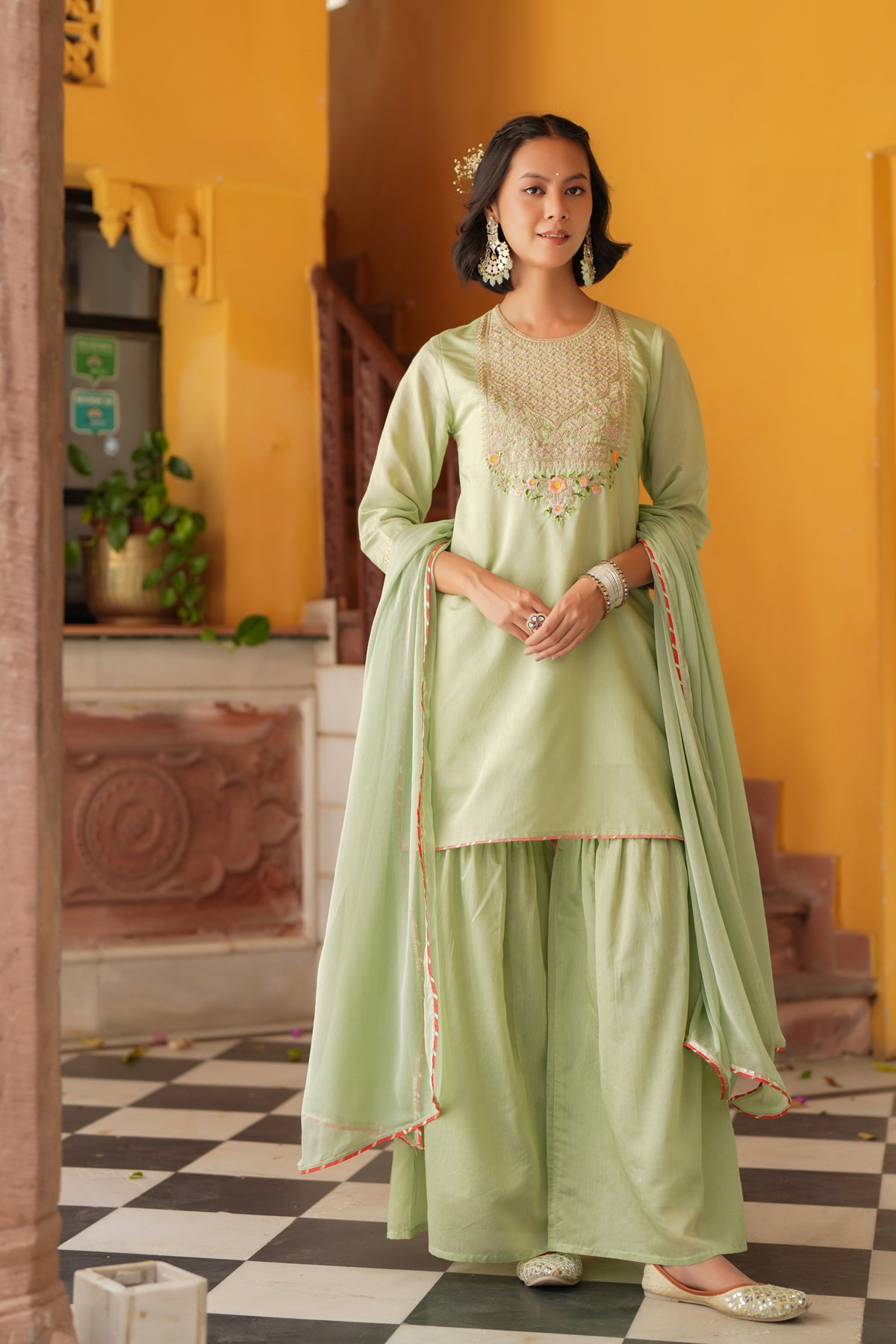 Pistagreen Chanderi Silk Zari Embroidered Sharara Set