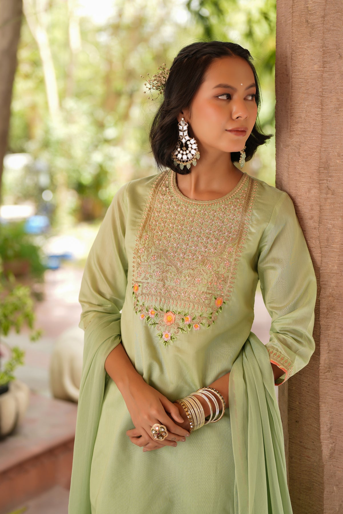 Pistagreen Chanderi Silk Zari Embroidered Sharara Set
